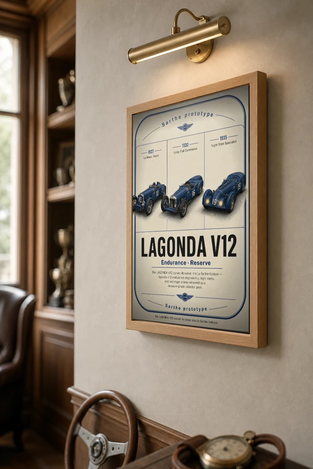 Lagonda V12 Poster — 1935 24 Hours of Le Mans Endurance Racing Wall Art · framed A2 — the framed print shown at a three-quarter angle on a styled gallery wall in a natural-oak frame