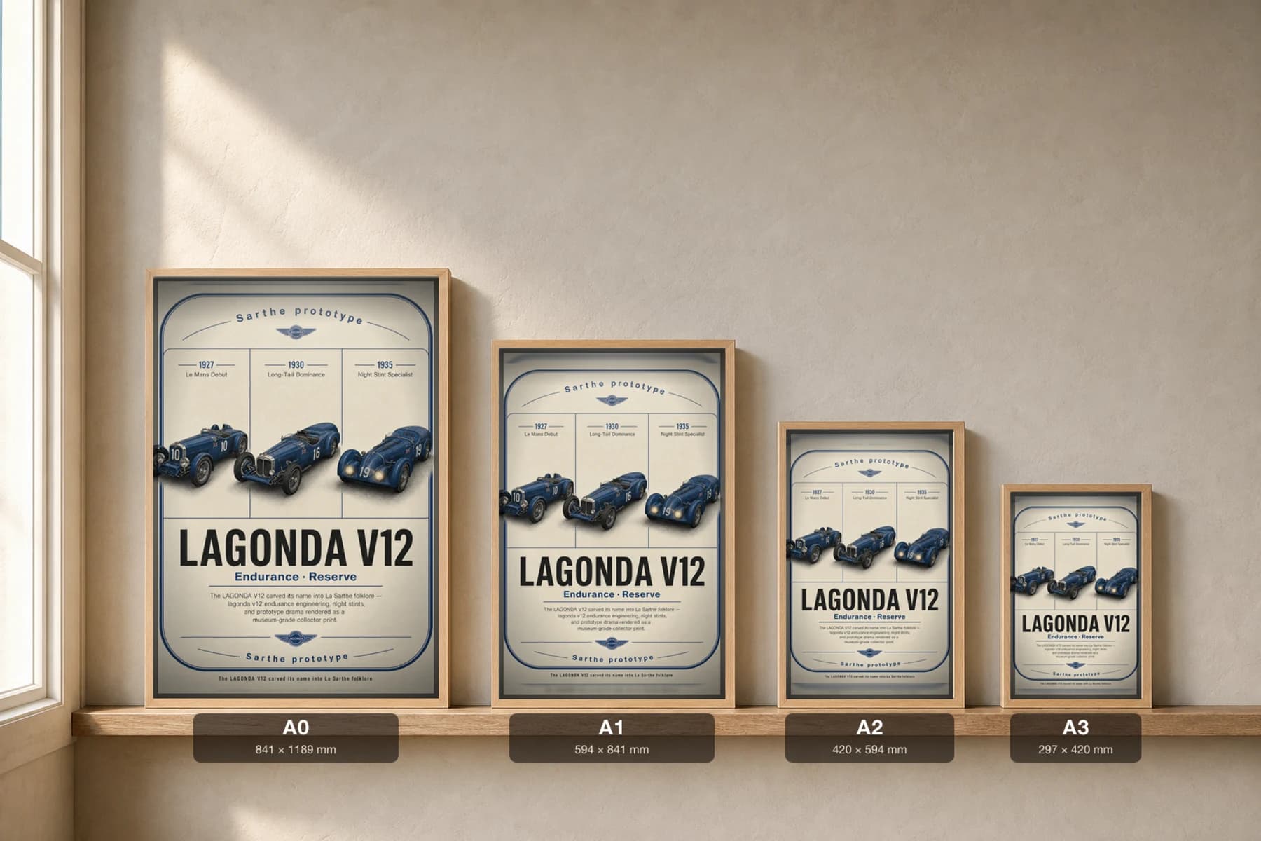 Lagonda V12 Poster — 1935 24 Hours of Le Mans Endurance Racing Wall Art · framed A2 — print size guide showing the artwork at A0, A1, A2 and A3 in natural-oak frames at true relative scale