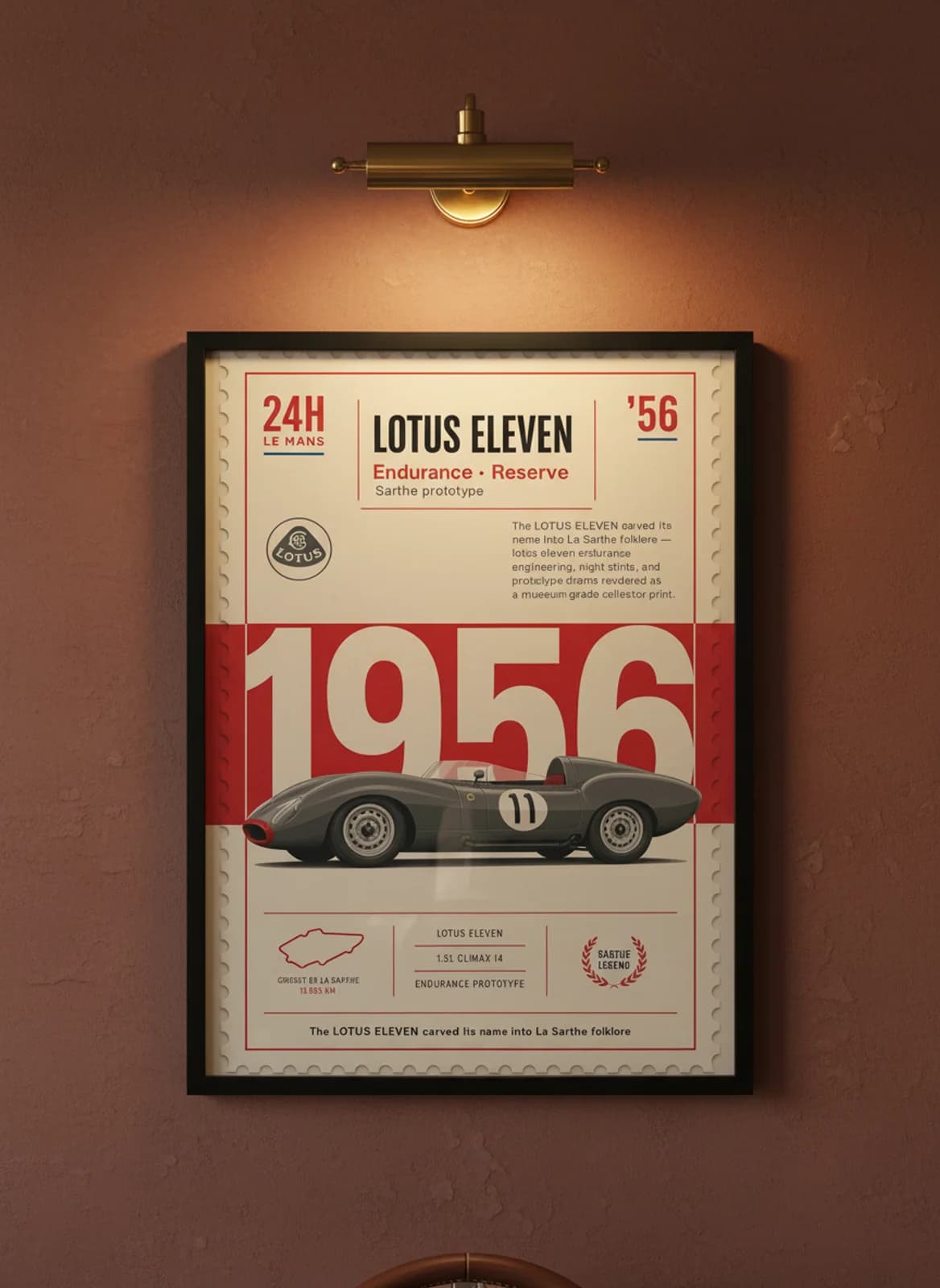 Lotus Eleven Le Mans endurance print in black A2 frame on warm-cream-parchment oxblood wall — Le Mans mockup