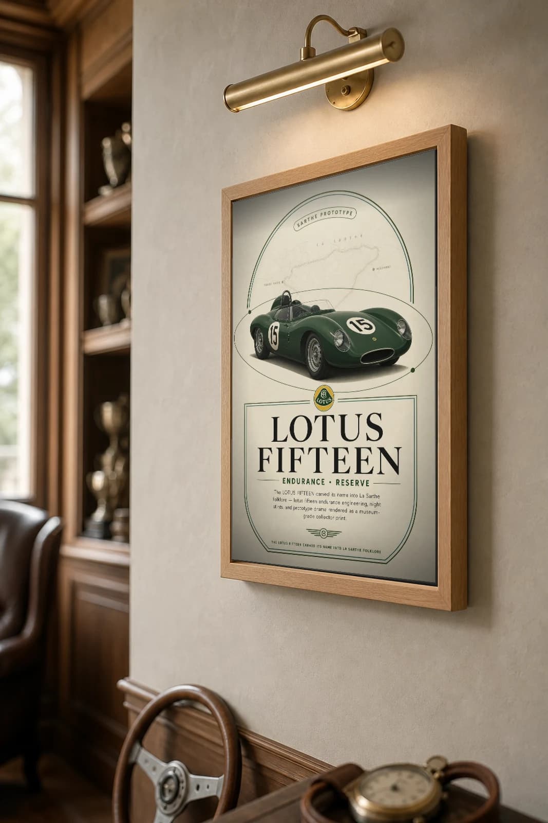 Lotus Fifteen Poster — 1959 24 Hours of Le Mans Endurance Racing Wall Art · framed A2 — the framed print shown at a three-quarter angle on a styled gallery wall in a natural-oak frame