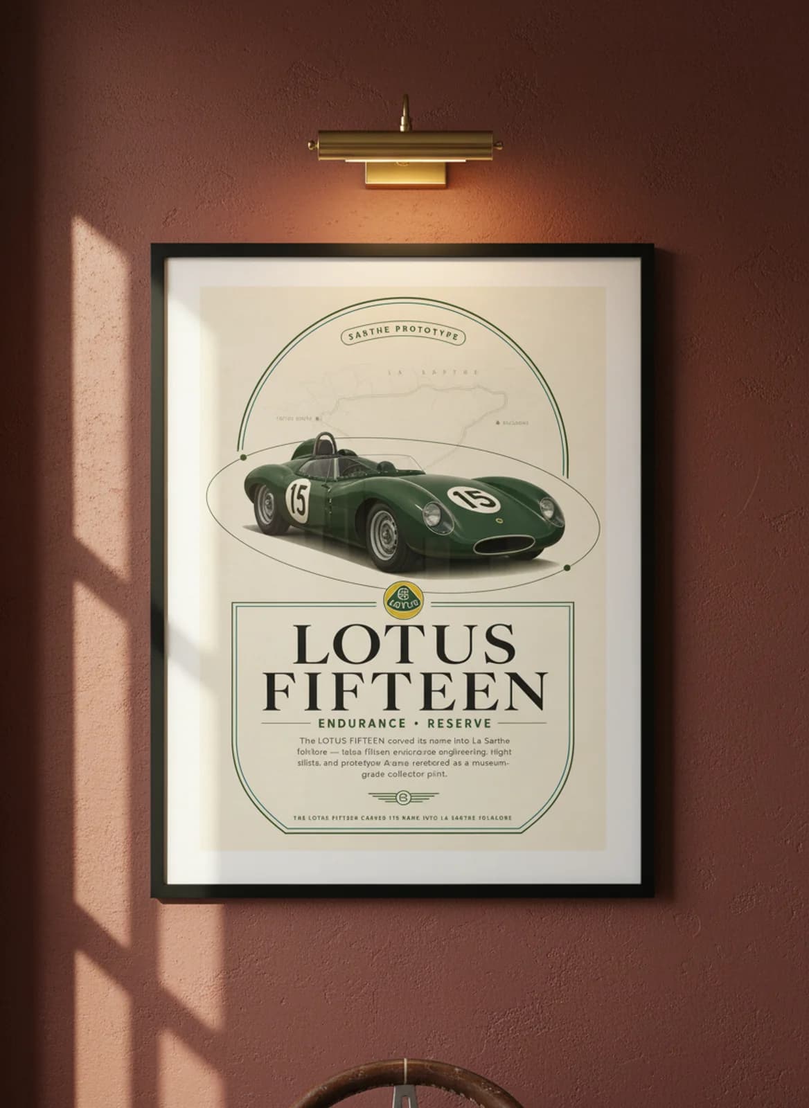 Lotus Fifteen Le Mans endurance print in black A2 frame on warm-cream-parchment oxblood wall — Le Mans mockup