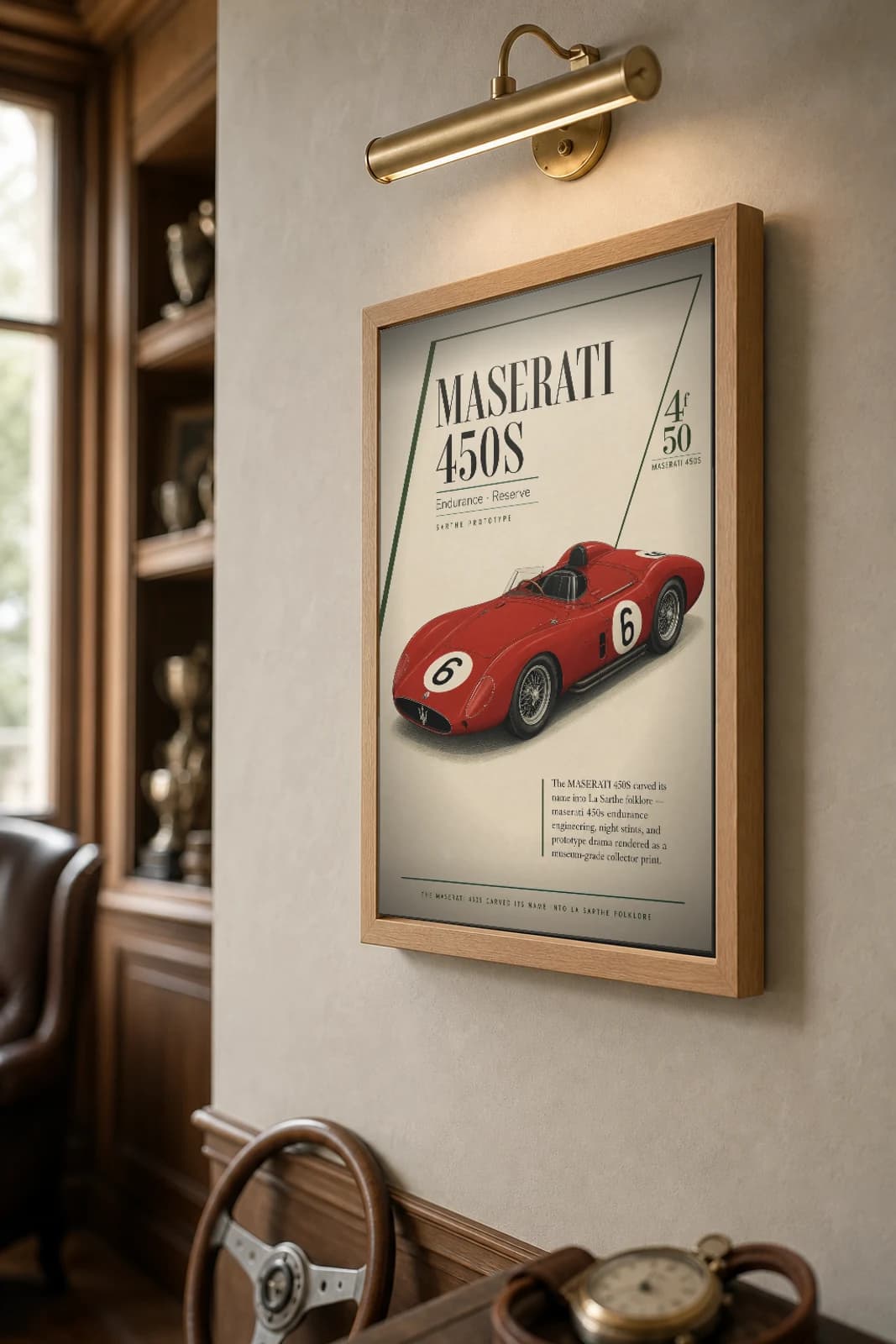 Maserati 450S Poster — 1957 24 Hours of Le Mans Endurance Racing Wall Art · framed A2 — the framed print shown at a three-quarter angle on a styled gallery wall in a natural-oak frame