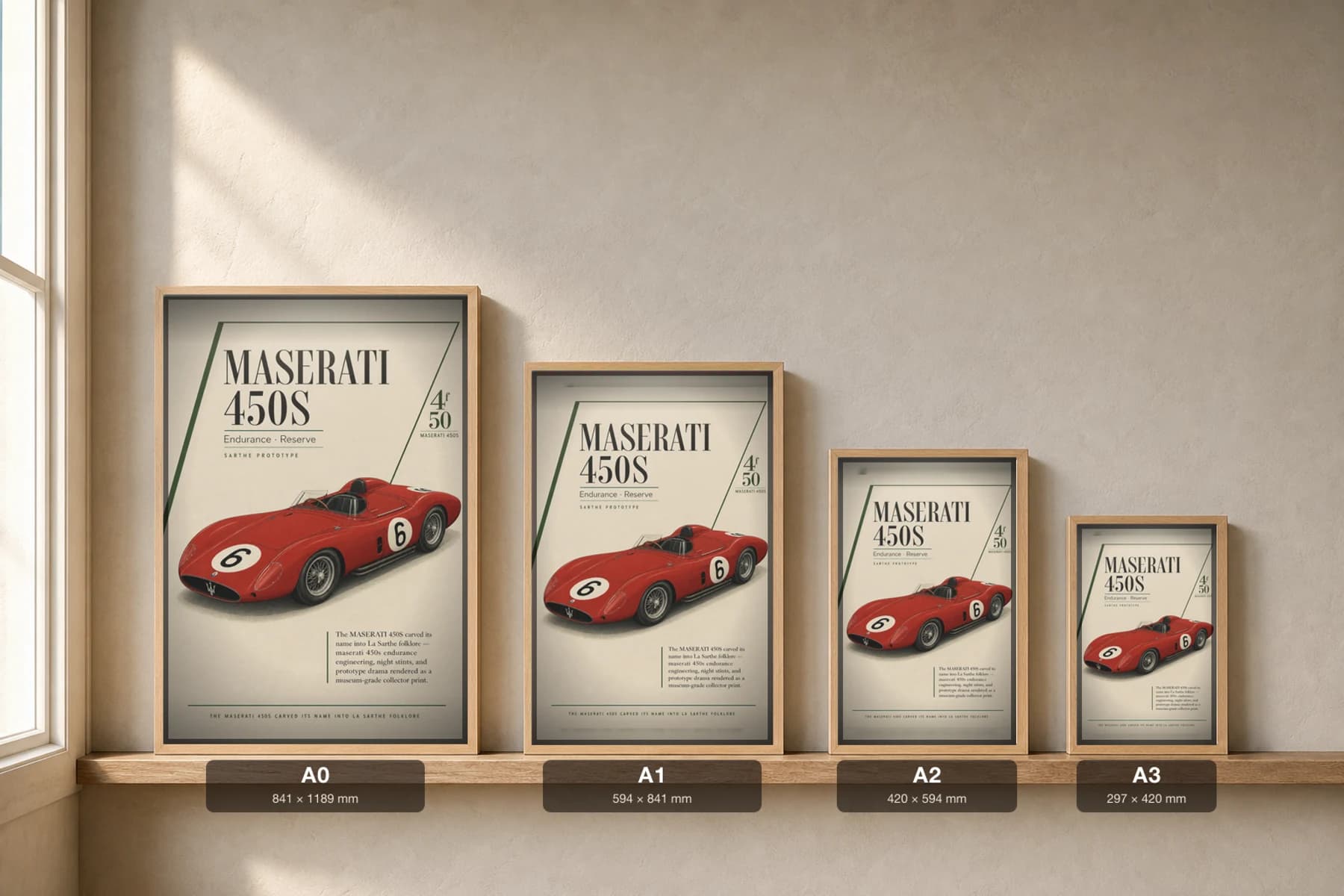 Maserati 450S Poster — 1957 24 Hours of Le Mans Endurance Racing Wall Art · framed A2 — print size guide showing the artwork at A0, A1, A2 and A3 in natural-oak frames at true relative scale
