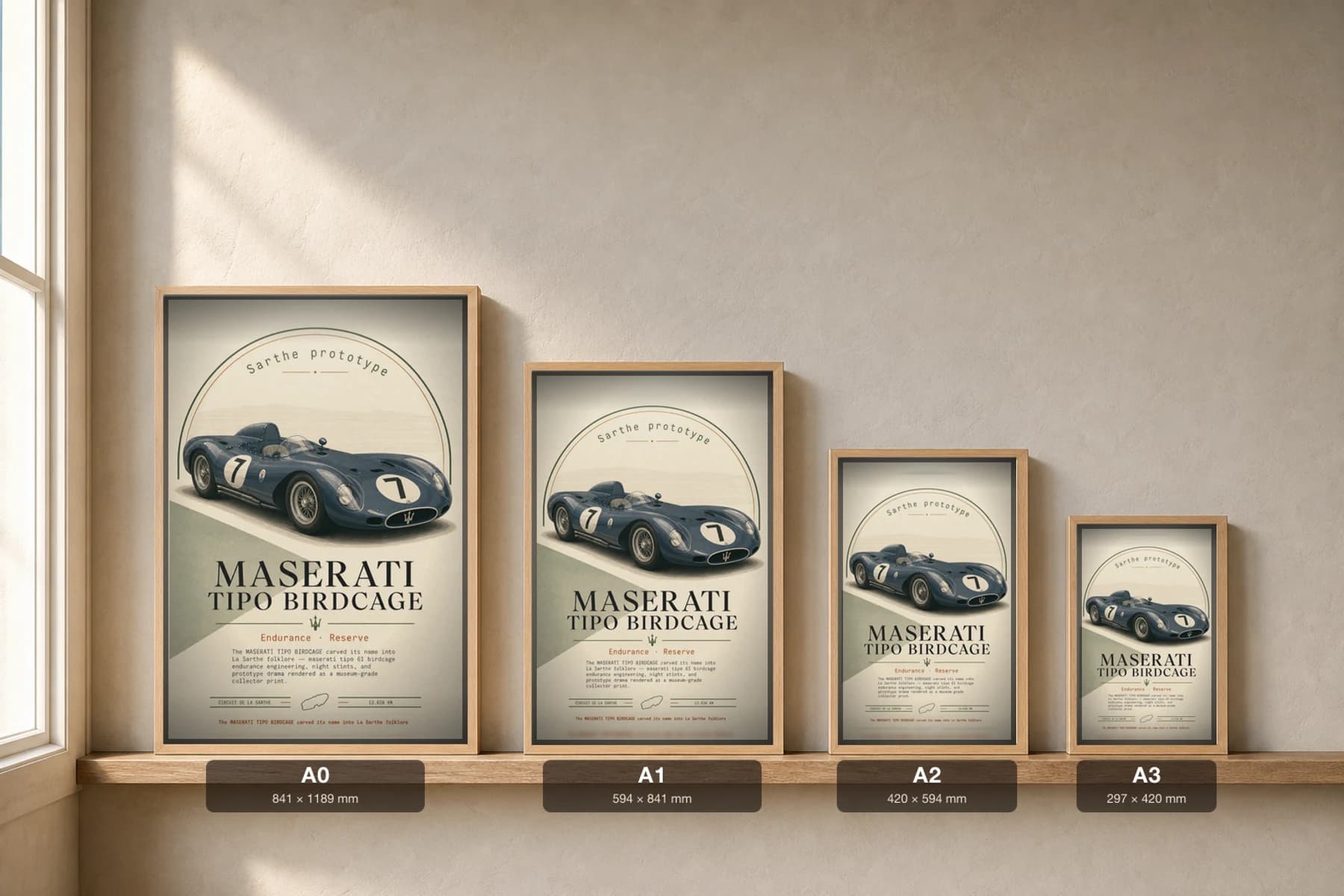 Maserati Tipo 61 Birdcage Poster — 1960 24 Hours of Le Mans Endurance Racing Wall Art · framed A2 — print size guide showing the artwork at A0, A1, A2 and A3 in natural-oak frames at true relative scale