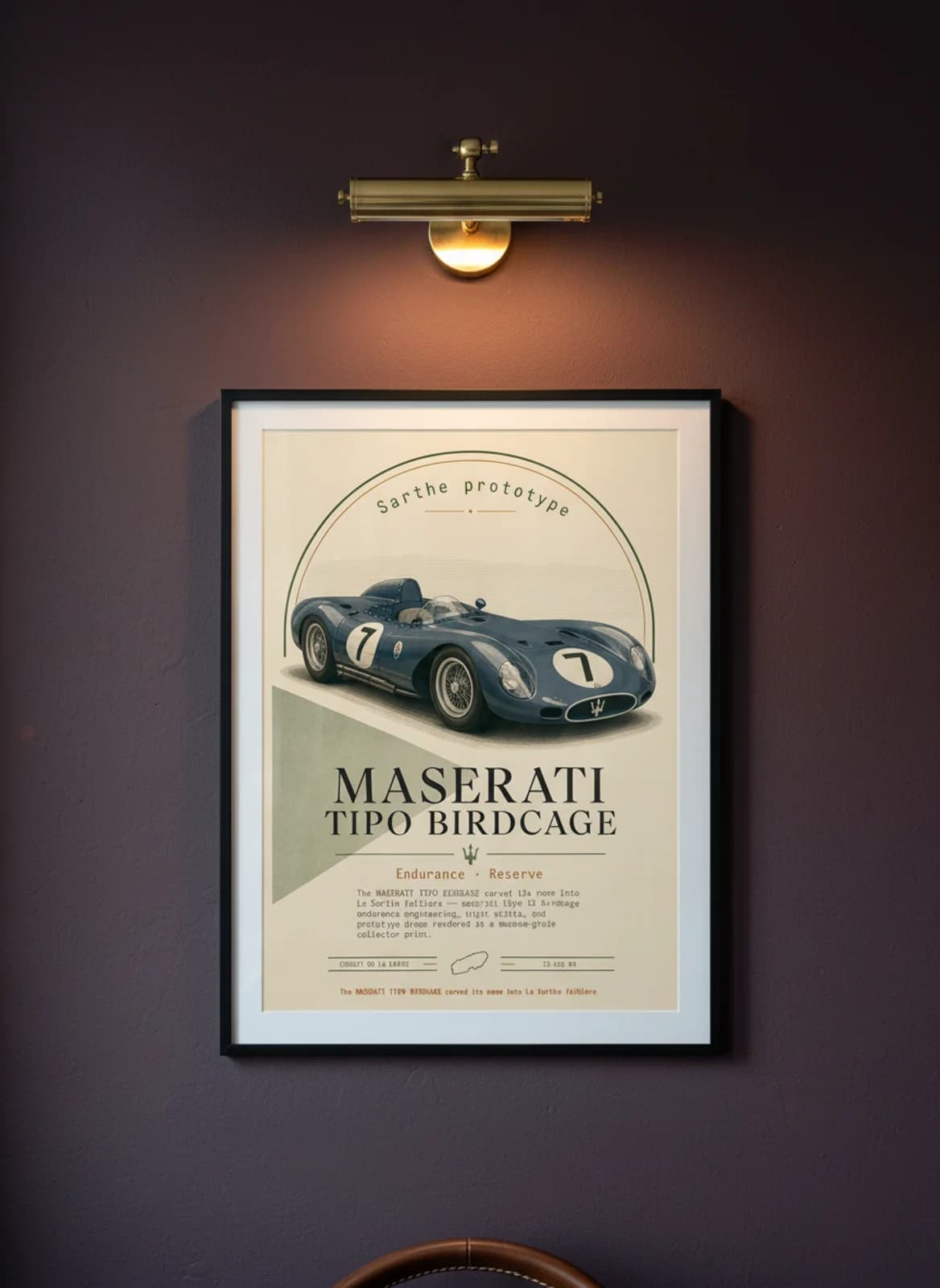 Maserati Tipo 61 Birdcage Le Mans endurance print in black A2 frame on warm-cream-parchment oxblood wall — Le Mans mockup