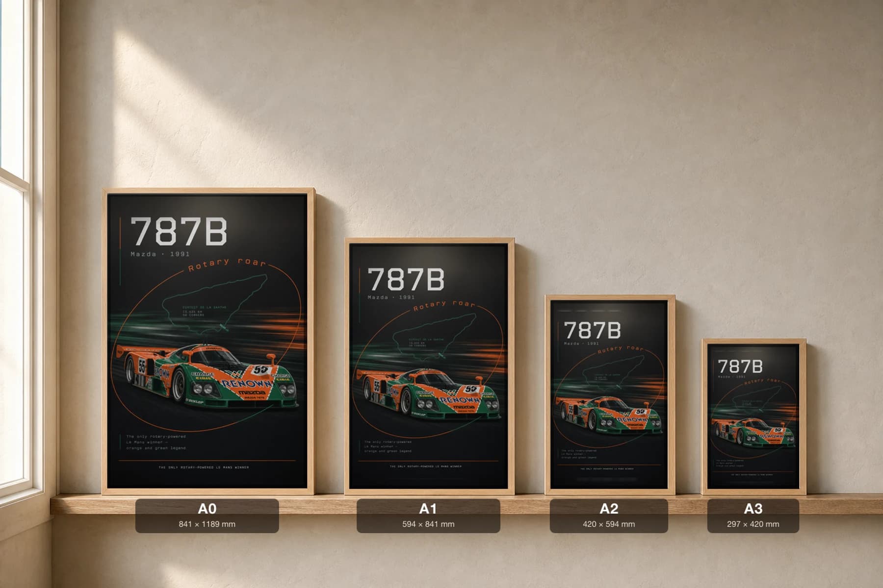Mazda 787B Poster — 1991 24 Hours of Le Mans Endurance Racing Wall Art · framed A2 — print size guide showing the artwork at A0, A1, A2 and A3 in natural-oak frames at true relative scale