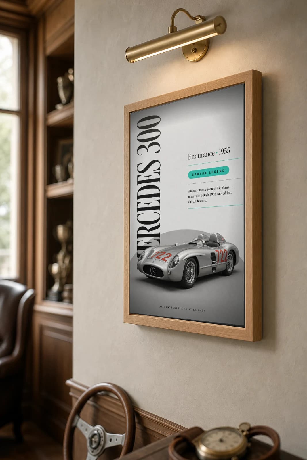 Mercedes-Benz 300 SLR Poster — 1955 24 Hours of Le Mans Endurance Racing Wall Art · framed A2 — the framed print shown at a three-quarter angle on a styled gallery wall in a natural-oak frame