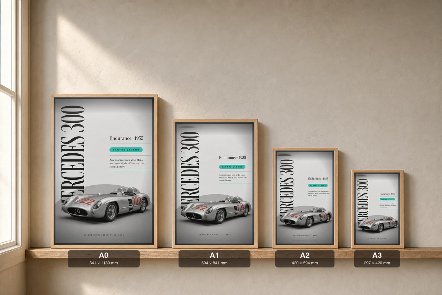 Mercedes-Benz 300 SLR Poster — 1955 24 Hours of Le Mans Endurance Racing Wall Art · framed A2 — print size guide showing the artwork at A0, A1, A2 and A3 in natural-oak frames at true relative scale