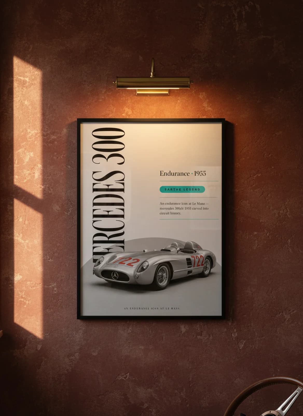 Mercedes 300 SLR Le Mans endurance print in black A2 frame on warm-cream-parchment oxblood wall — Le Mans mockup