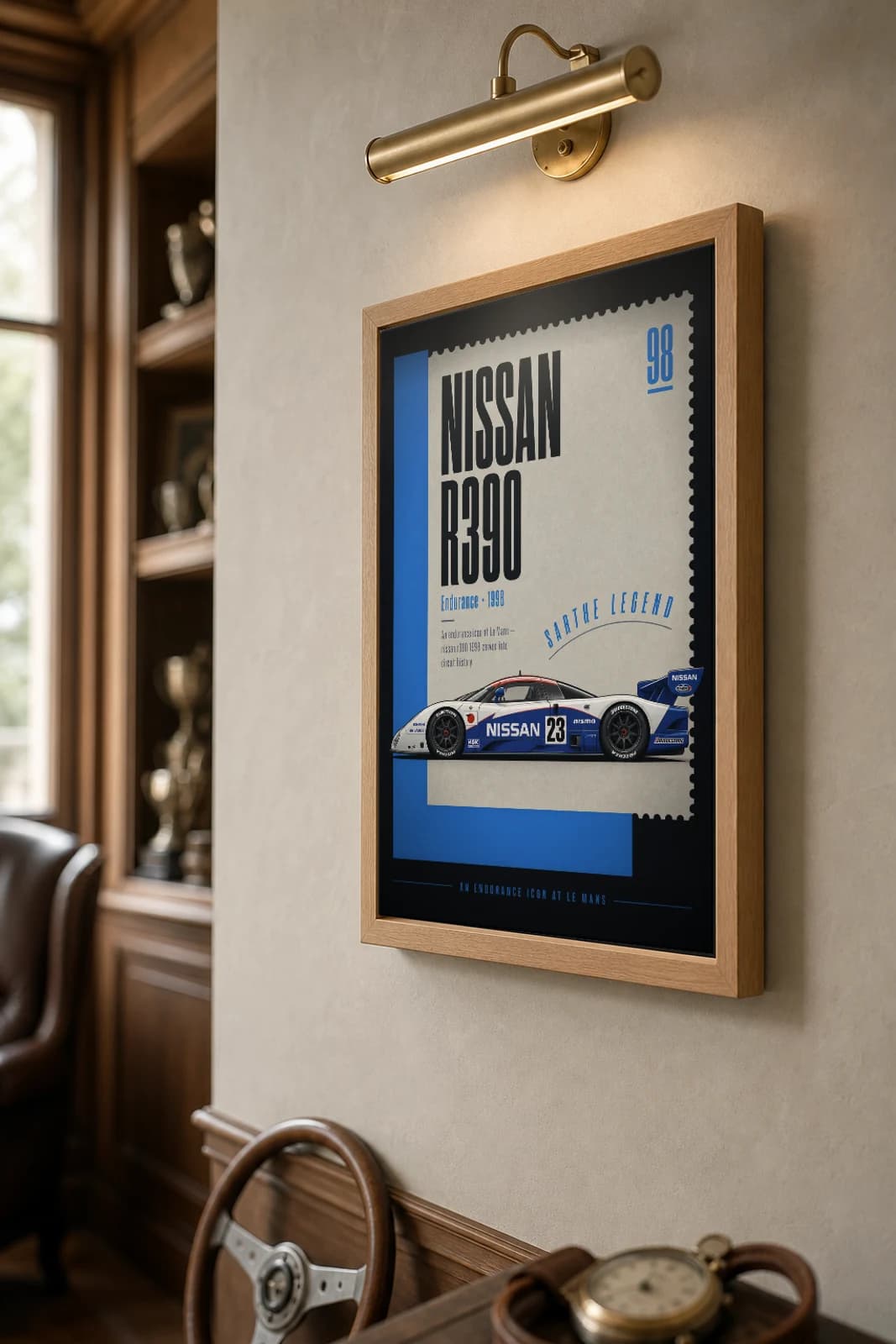 Nissan R390 GT1 Poster — 1998 24 Hours of Le Mans Endurance Racing Wall Art · framed A2 — the framed print shown at a three-quarter angle on a styled gallery wall in a natural-oak frame