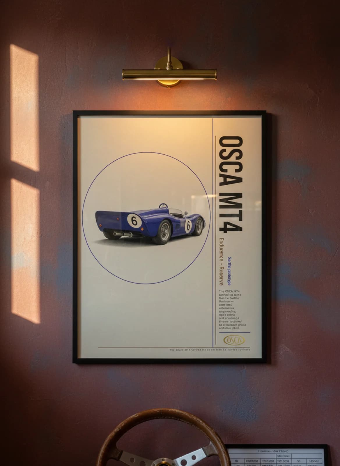 OSCA MT4 Le Mans endurance print in black A2 frame on warm-cream-parchment oxblood wall — Le Mans mockup