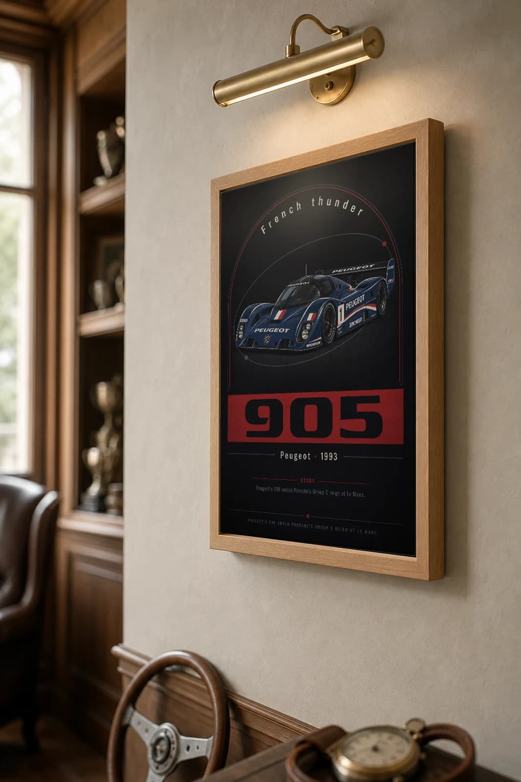 Peugeot 905 Evo 1 bis Poster — 1993 24 Hours of Le Mans Endurance Racing Wall Art · framed A2 — the framed print shown at a three-quarter angle on a styled gallery wall in a natural-oak frame