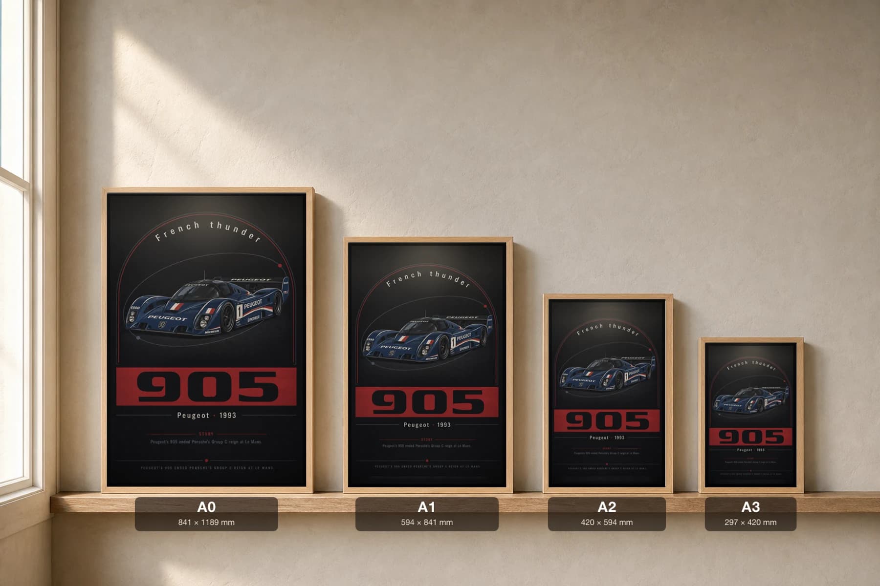 Peugeot 905 Evo 1 bis Poster — 1993 24 Hours of Le Mans Endurance Racing Wall Art · framed A2 — print size guide showing the artwork at A0, A1, A2 and A3 in natural-oak frames at true relative scale