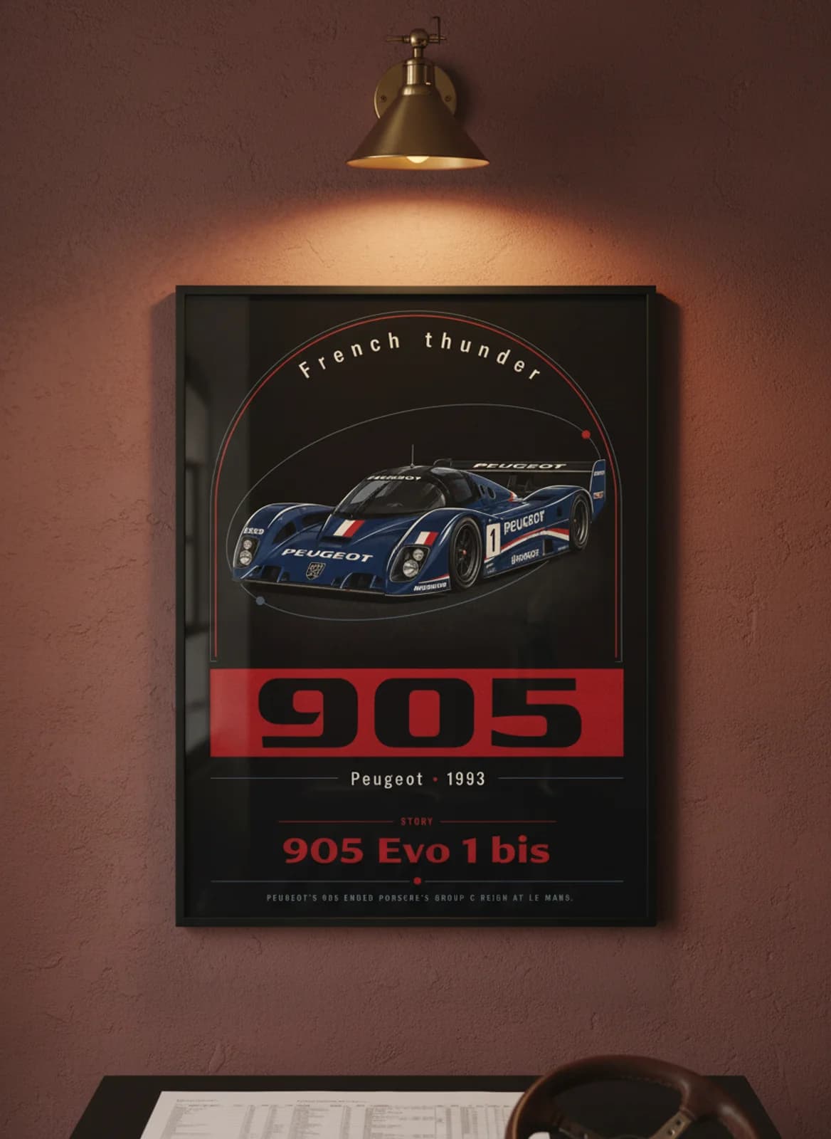 905 Evo 1 bis Le Mans endurance print in black A2 frame on charcoal-parchment oxblood wall — Le Mans mockup