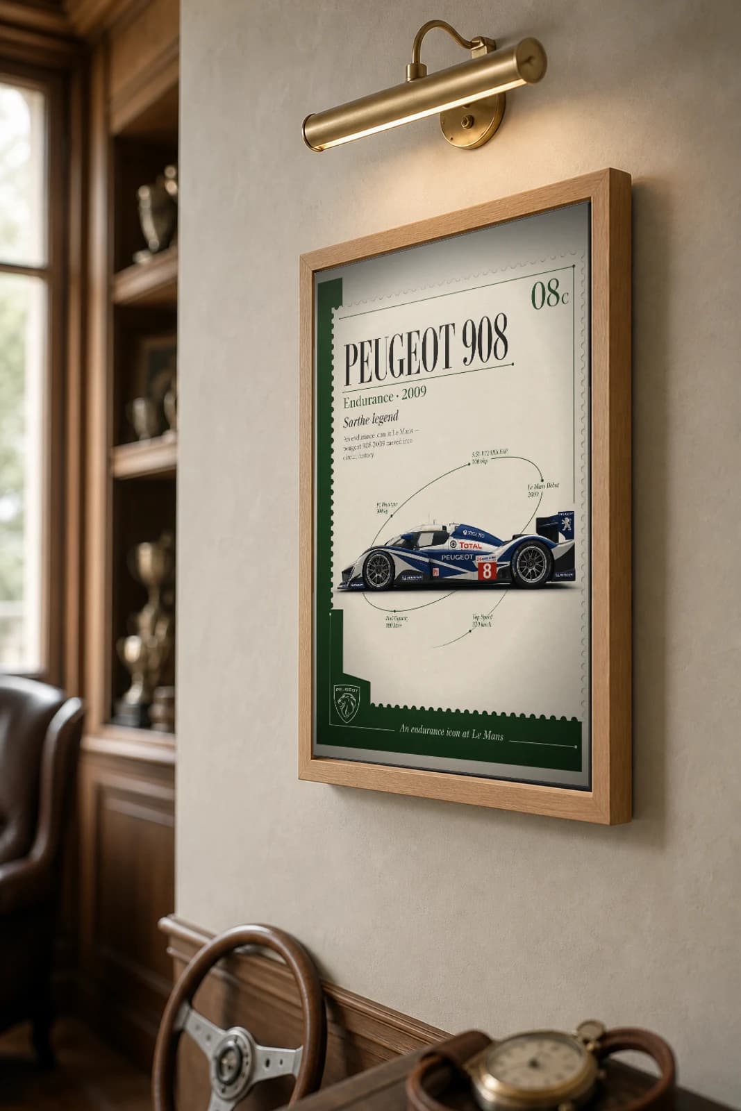 Peugeot 908 HDi FAP Poster — 2009 24 Hours of Le Mans Endurance Racing Wall Art · framed A2 — the framed print shown at a three-quarter angle on a styled gallery wall in a natural-oak frame