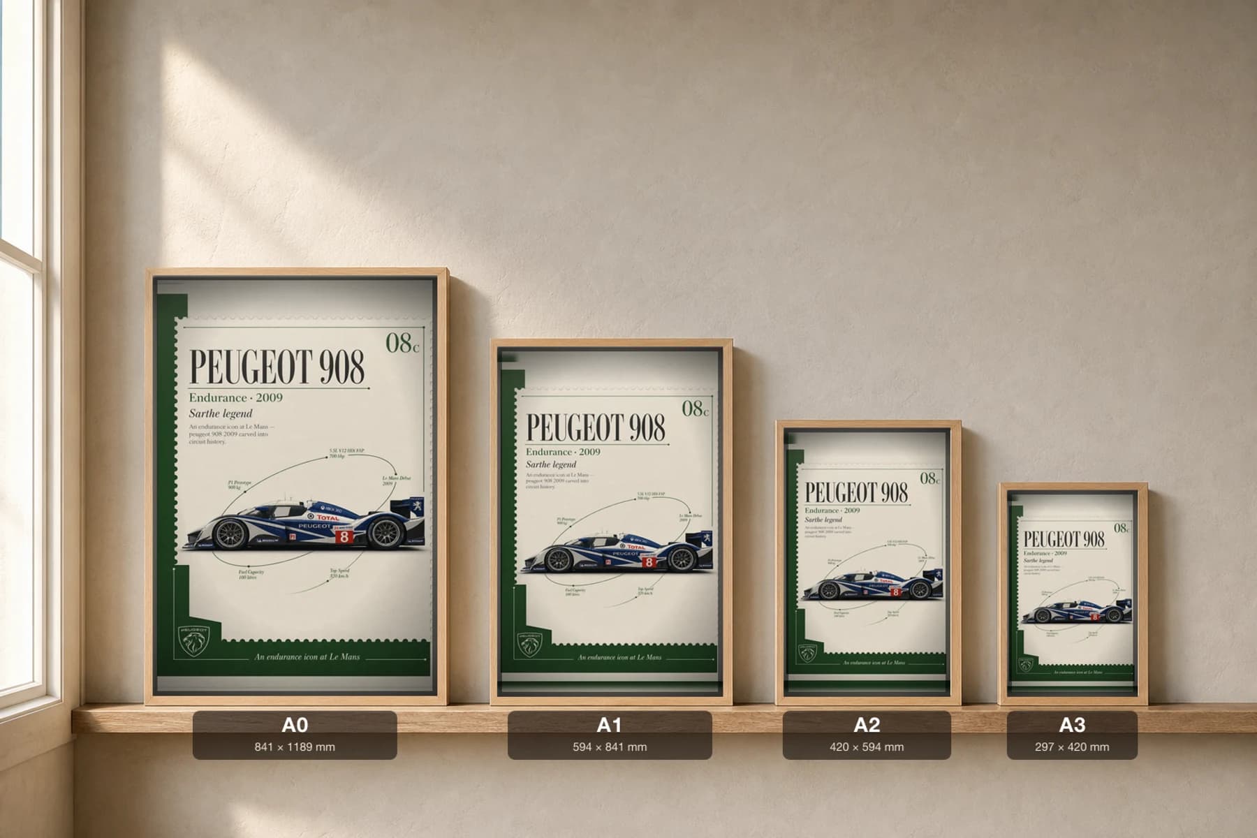 Peugeot 908 HDi FAP Poster — 2009 24 Hours of Le Mans Endurance Racing Wall Art · framed A2 — print size guide showing the artwork at A0, A1, A2 and A3 in natural-oak frames at true relative scale