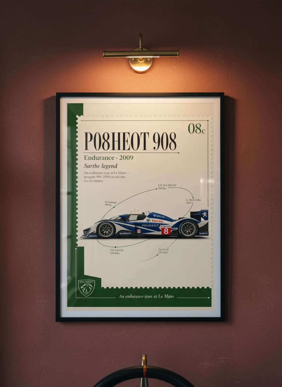 908 HDi FAP Le Mans endurance print in black A2 frame on warm-cream-parchment oxblood wall — Le Mans mockup