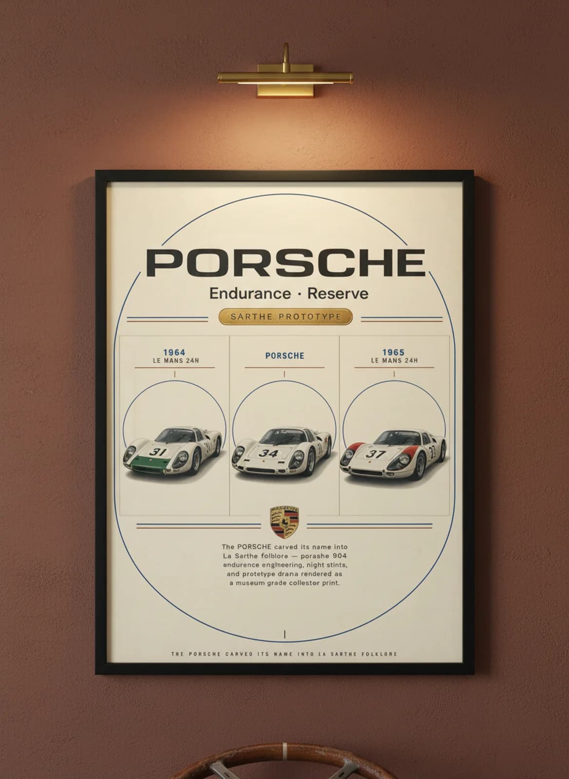 Porsche 904 Le Mans endurance print in black A2 frame on warm-cream-parchment oxblood wall — Le Mans mockup