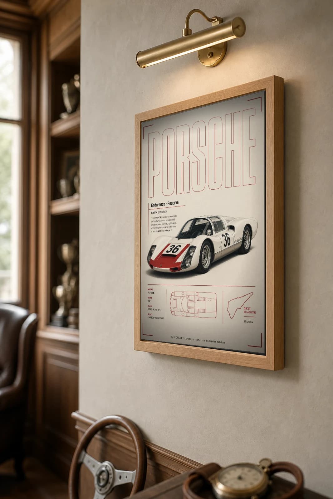 Porsche 906 Carrera 6 Poster — 1966 24 Hours of Le Mans Endurance Racing Wall Art · framed A2 — the framed print shown at a three-quarter angle on a styled gallery wall in a natural-oak frame