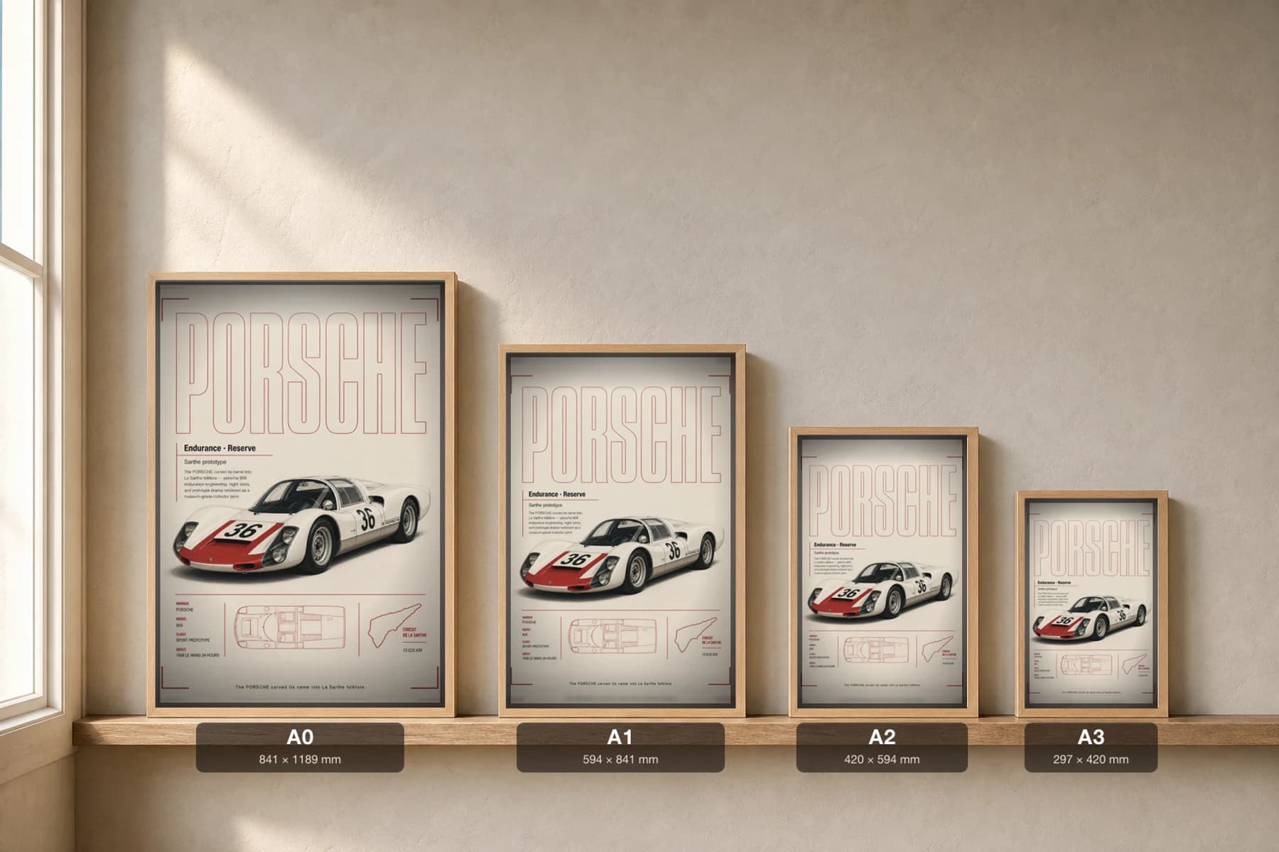 Porsche 906 Carrera 6 Poster — 1966 24 Hours of Le Mans Endurance Racing Wall Art · framed A2 — print size guide showing the artwork at A0, A1, A2 and A3 in natural-oak frames at true relative scale