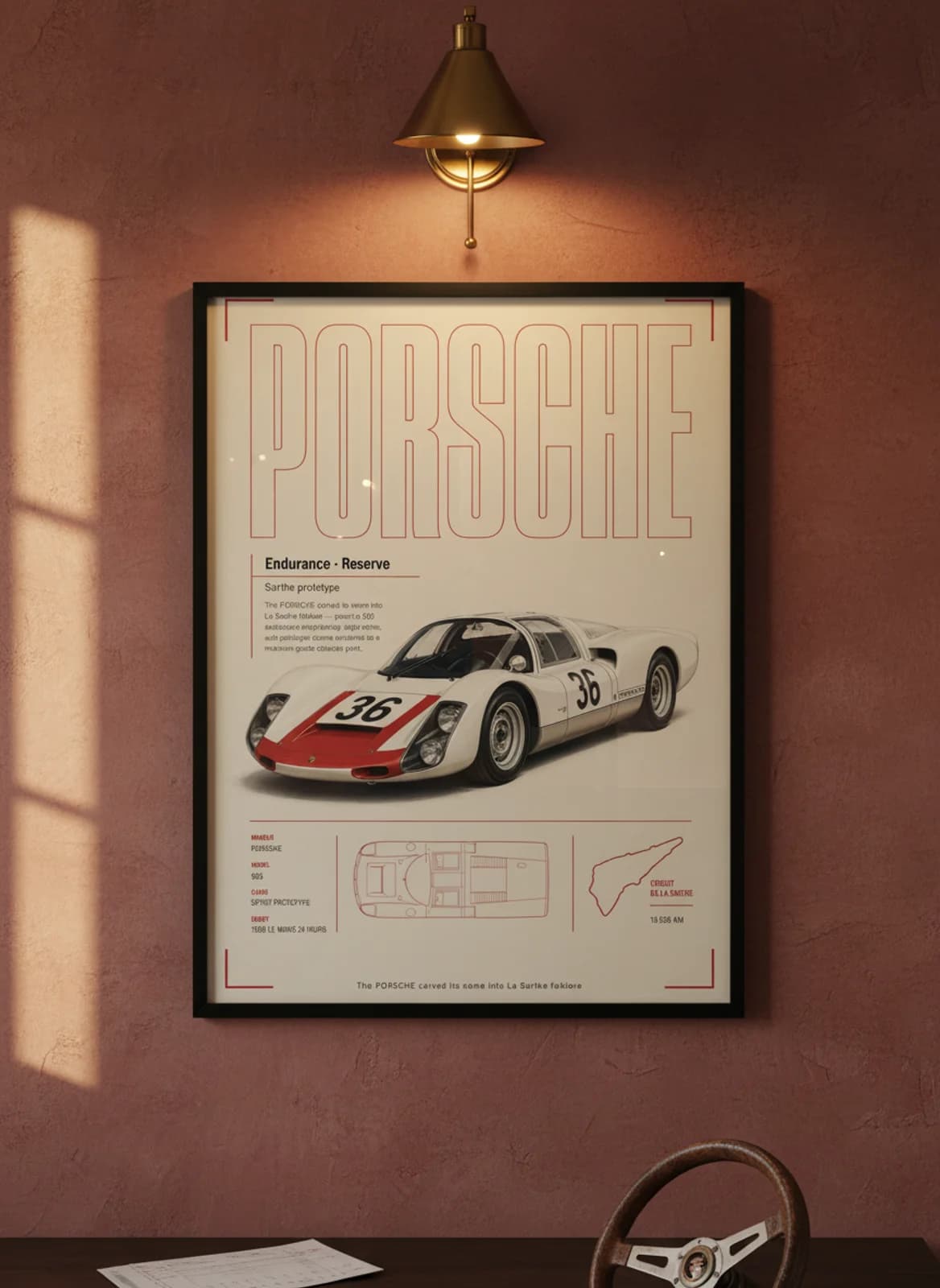 Porsche 906 Le Mans endurance print in black A2 frame on warm-cream-parchment oxblood wall — Le Mans mockup