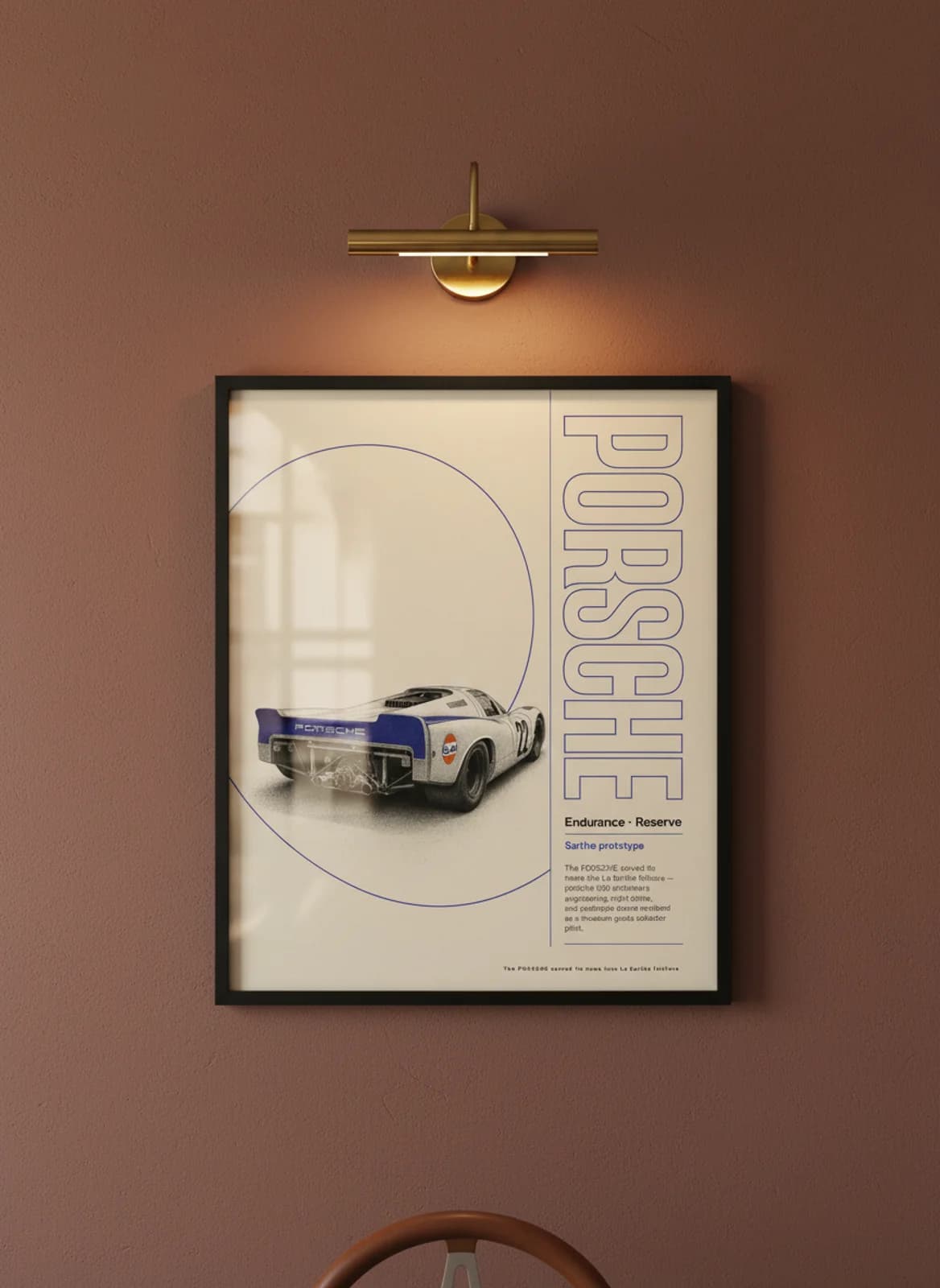 Porsche 908 Le Mans endurance print in black A2 frame on warm-cream-parchment oxblood wall — Le Mans mockup