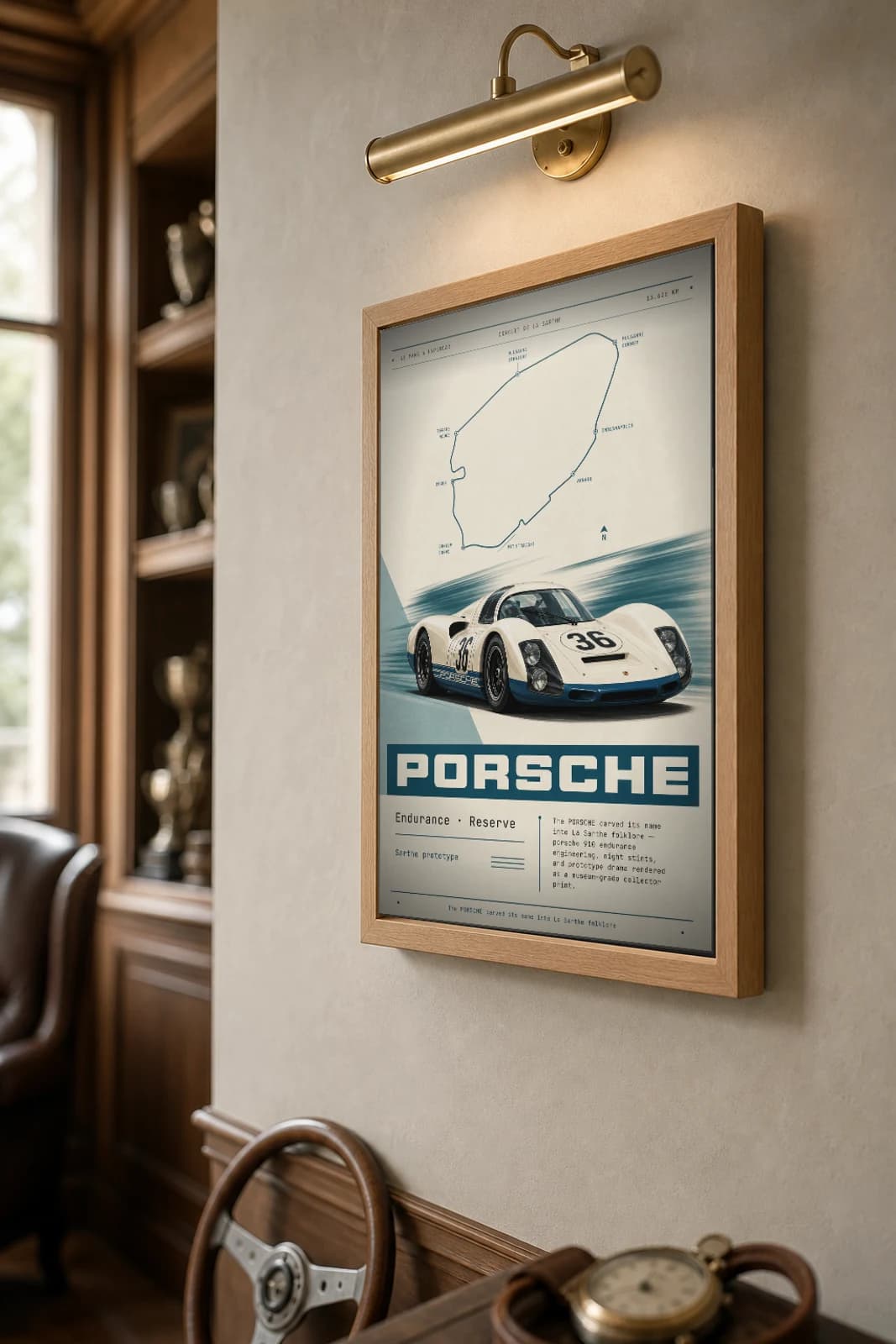 Porsche 910 Poster — 1967 24 Hours of Le Mans Endurance Racing Wall Art · framed A2 — the framed print shown at a three-quarter angle on a styled gallery wall in a natural-oak frame