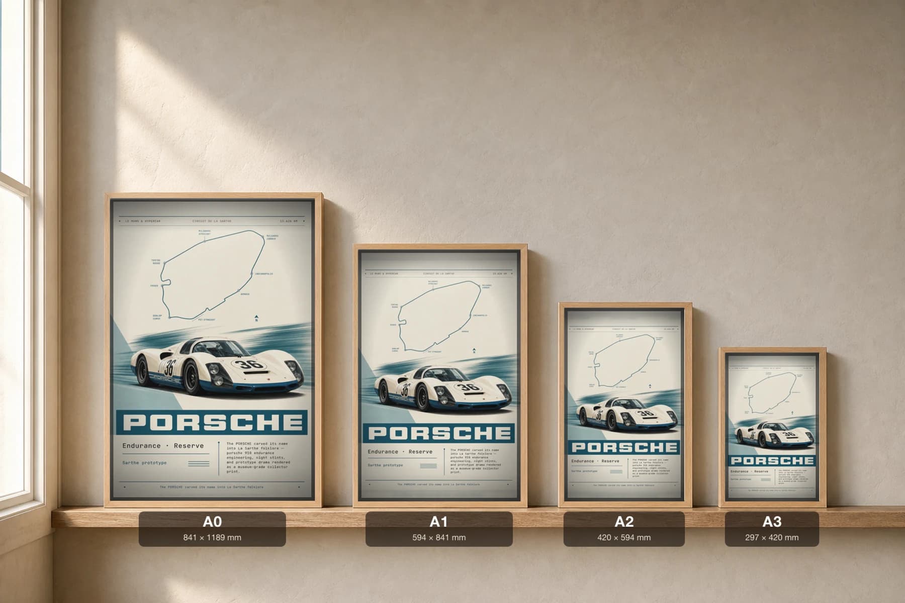 Porsche 910 Poster — 1967 24 Hours of Le Mans Endurance Racing Wall Art · framed A2 — print size guide showing the artwork at A0, A1, A2 and A3 in natural-oak frames at true relative scale