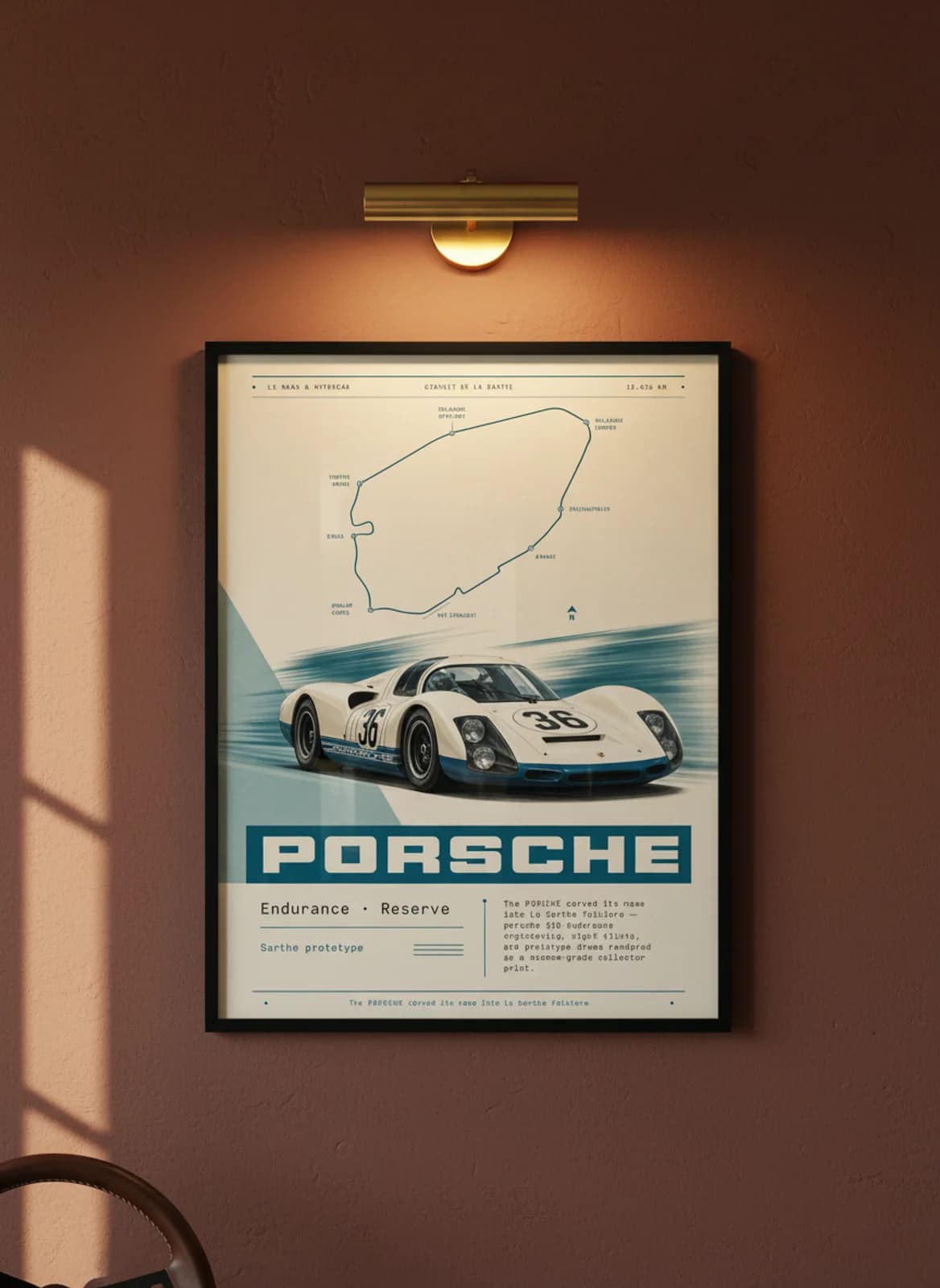 Porsche 910 Le Mans endurance print in black A2 frame on warm-cream-parchment oxblood wall — Le Mans mockup