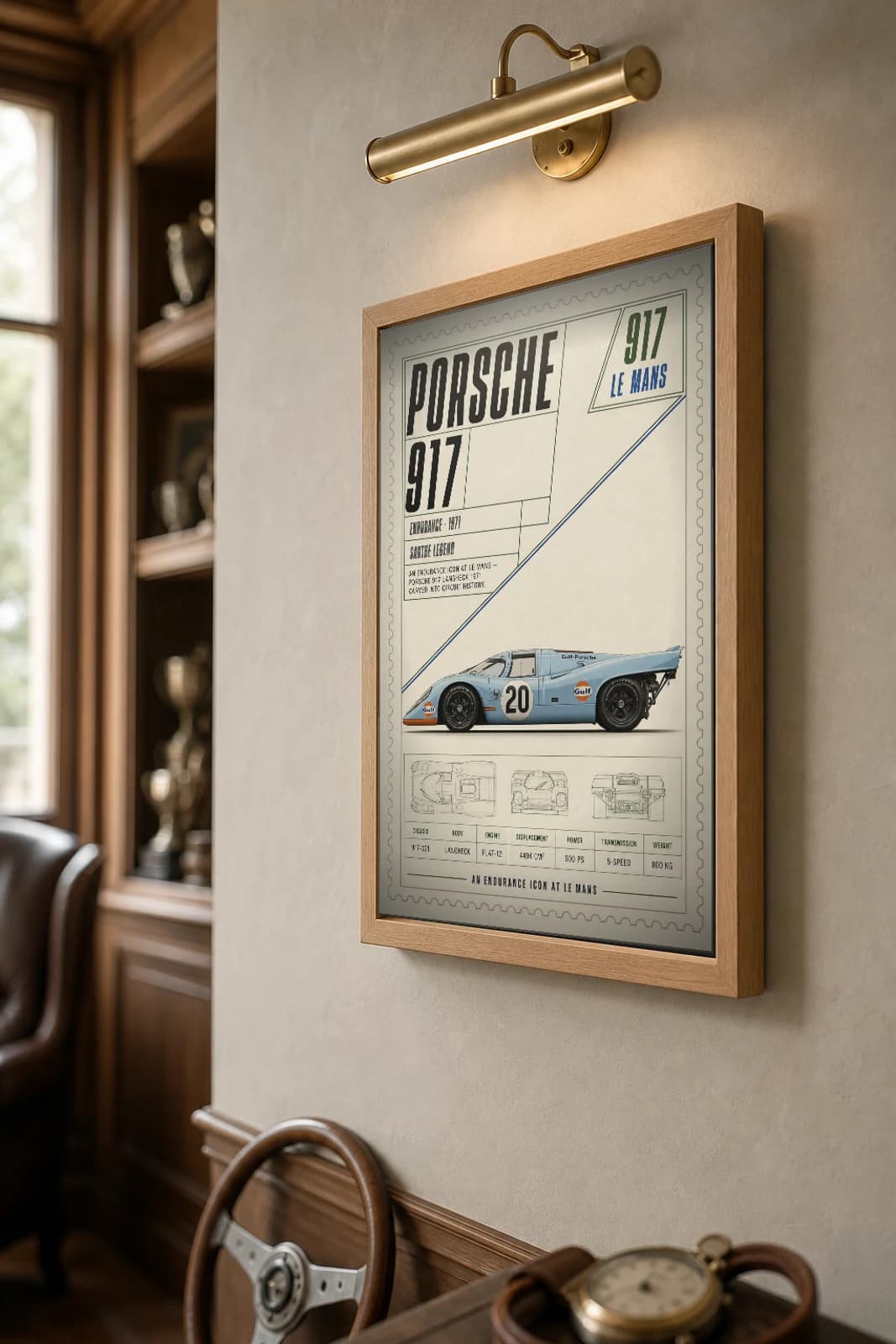 Porsche 917 Langheck Poster — 1971 24 Hours of Le Mans Endurance Racing Wall Art · framed A2 — the framed print shown at a three-quarter angle on a styled gallery wall in a natural-oak frame