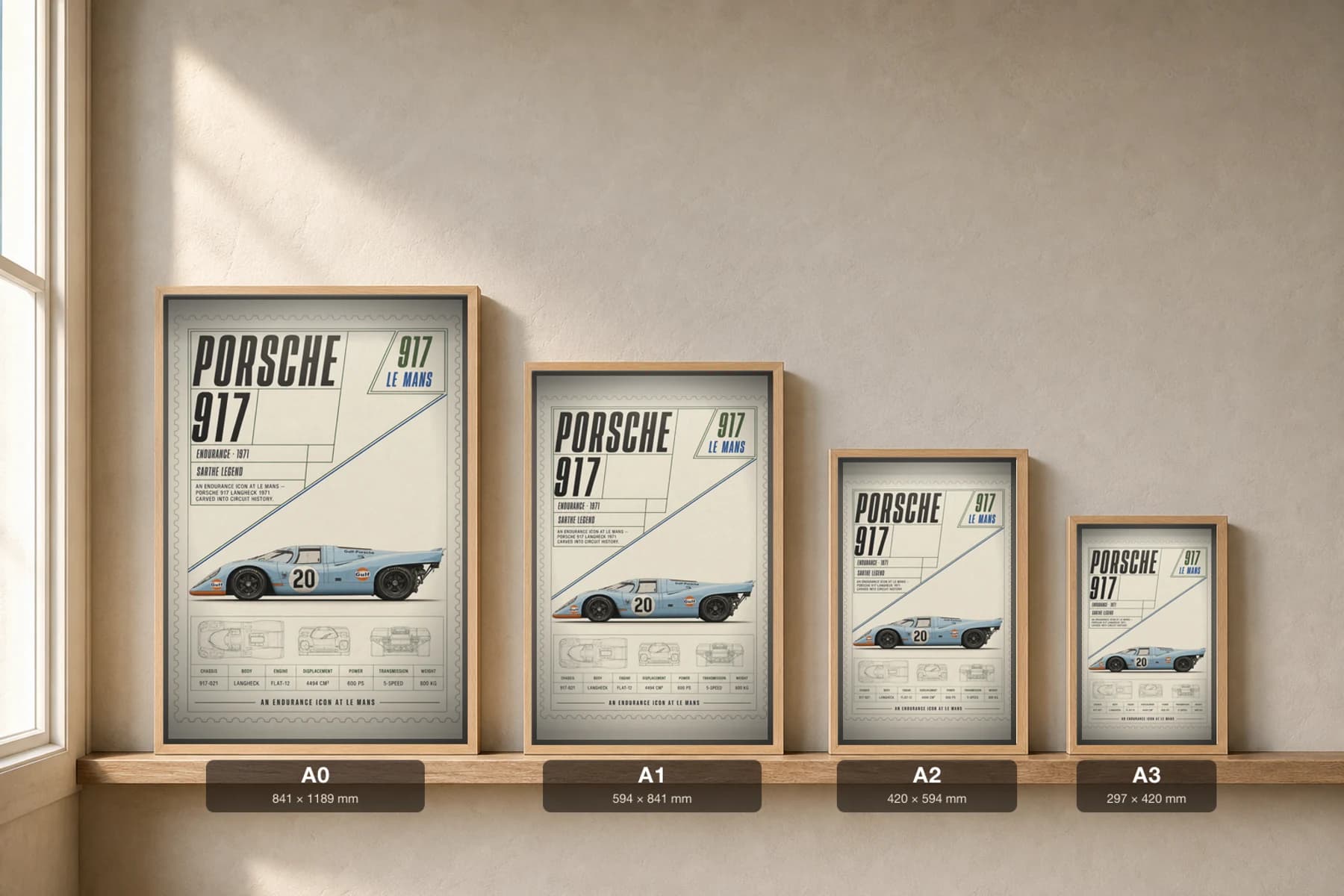 Porsche 917 Langheck Poster — 1971 24 Hours of Le Mans Endurance Racing Wall Art · framed A2 — print size guide showing the artwork at A0, A1, A2 and A3 in natural-oak frames at true relative scale