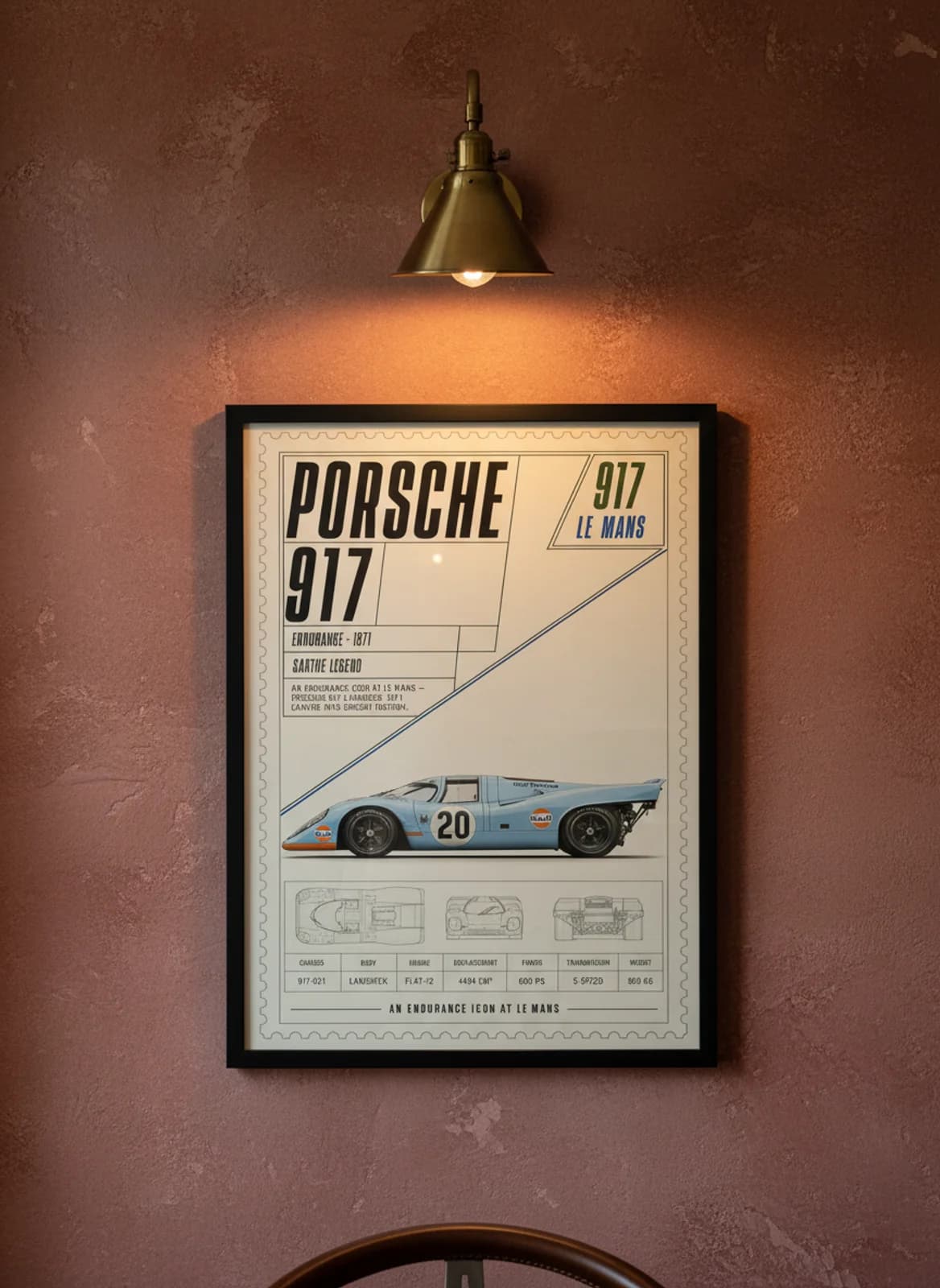 Porsche 917 Langheck Le Mans endurance print in black A2 frame on warm-cream-parchment oxblood wall — Le Mans mockup