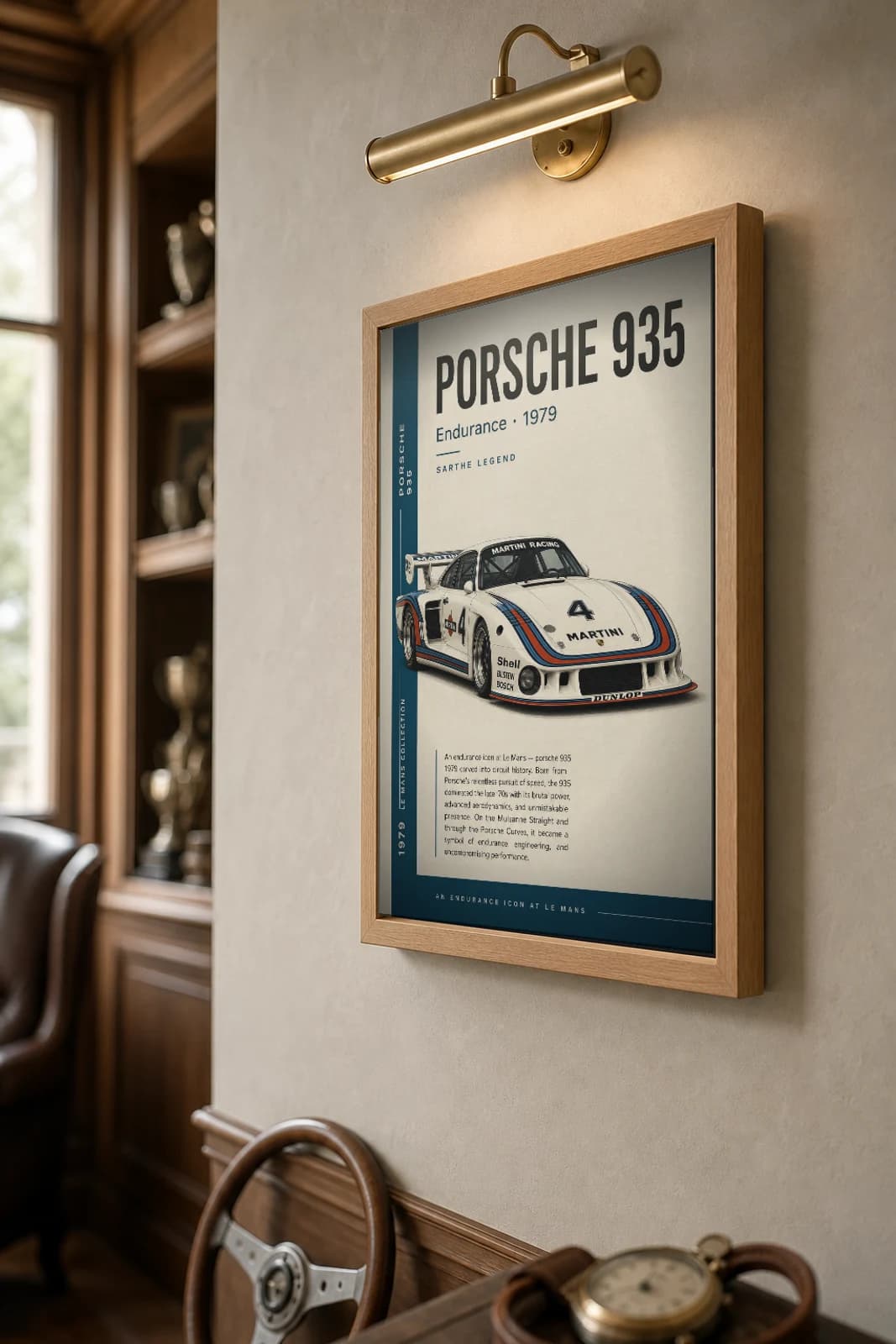 Porsche 935 Poster — 1979 24 Hours of Le Mans Endurance Racing Wall Art · framed A2 — the framed print shown at a three-quarter angle on a styled gallery wall in a natural-oak frame