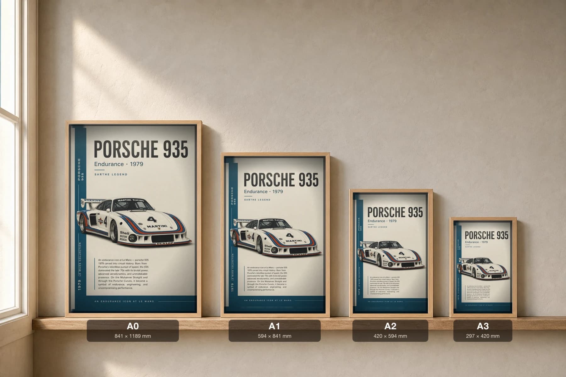 Porsche 935 Poster — 1979 24 Hours of Le Mans Endurance Racing Wall Art · framed A2 — print size guide showing the artwork at A0, A1, A2 and A3 in natural-oak frames at true relative scale