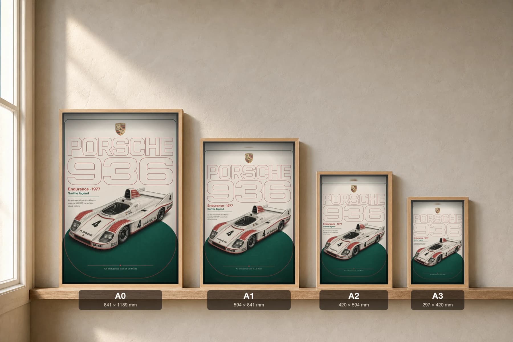 Porsche 936 Poster — 1977 24 Hours of Le Mans Endurance Racing Wall Art · framed A2 — print size guide showing the artwork at A0, A1, A2 and A3 in natural-oak frames at true relative scale