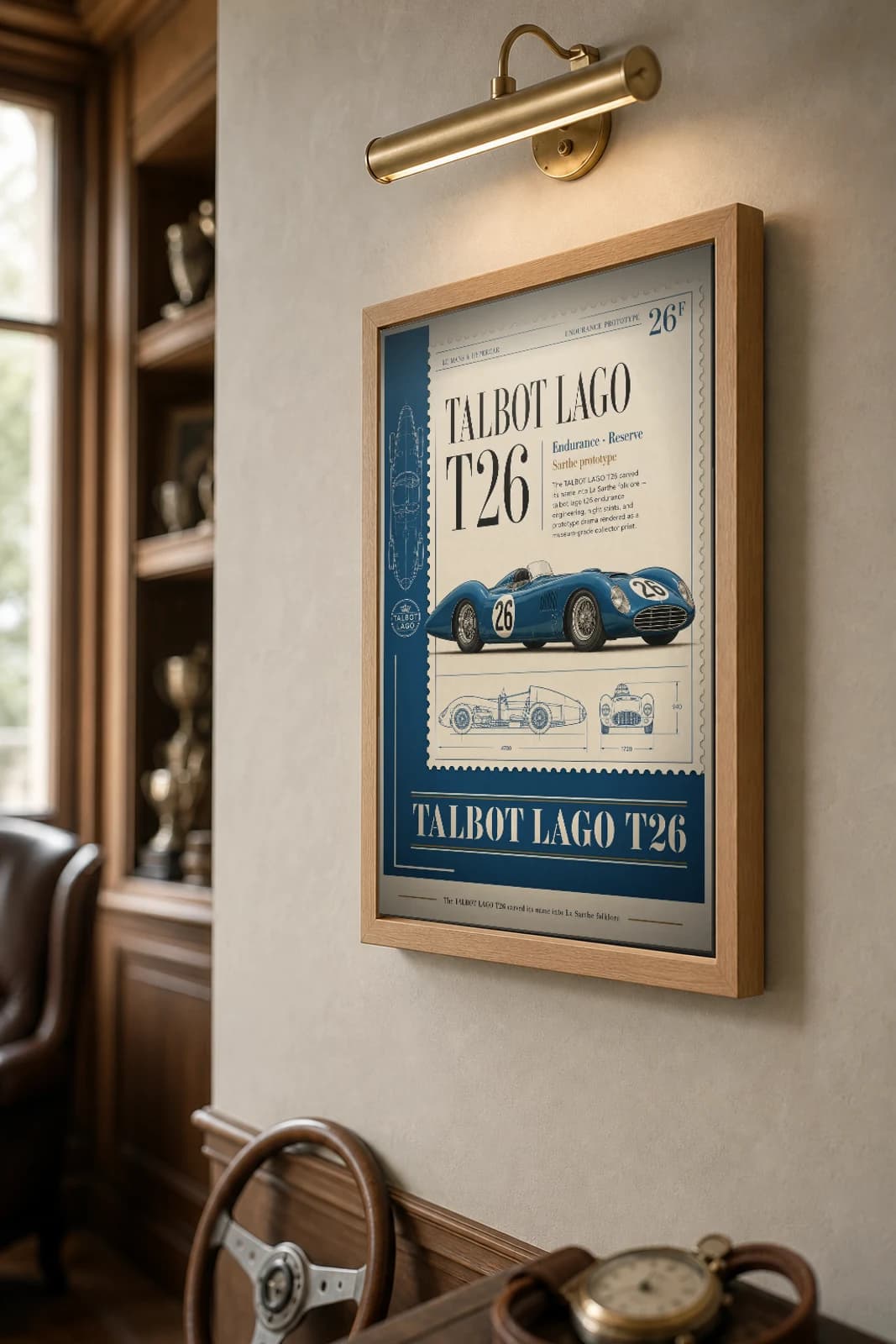 Talbot-Lago T26 Poster — 1950 24 Hours of Le Mans Endurance Racing Wall Art · framed A2 — the framed print shown at a three-quarter angle on a styled gallery wall in a natural-oak frame