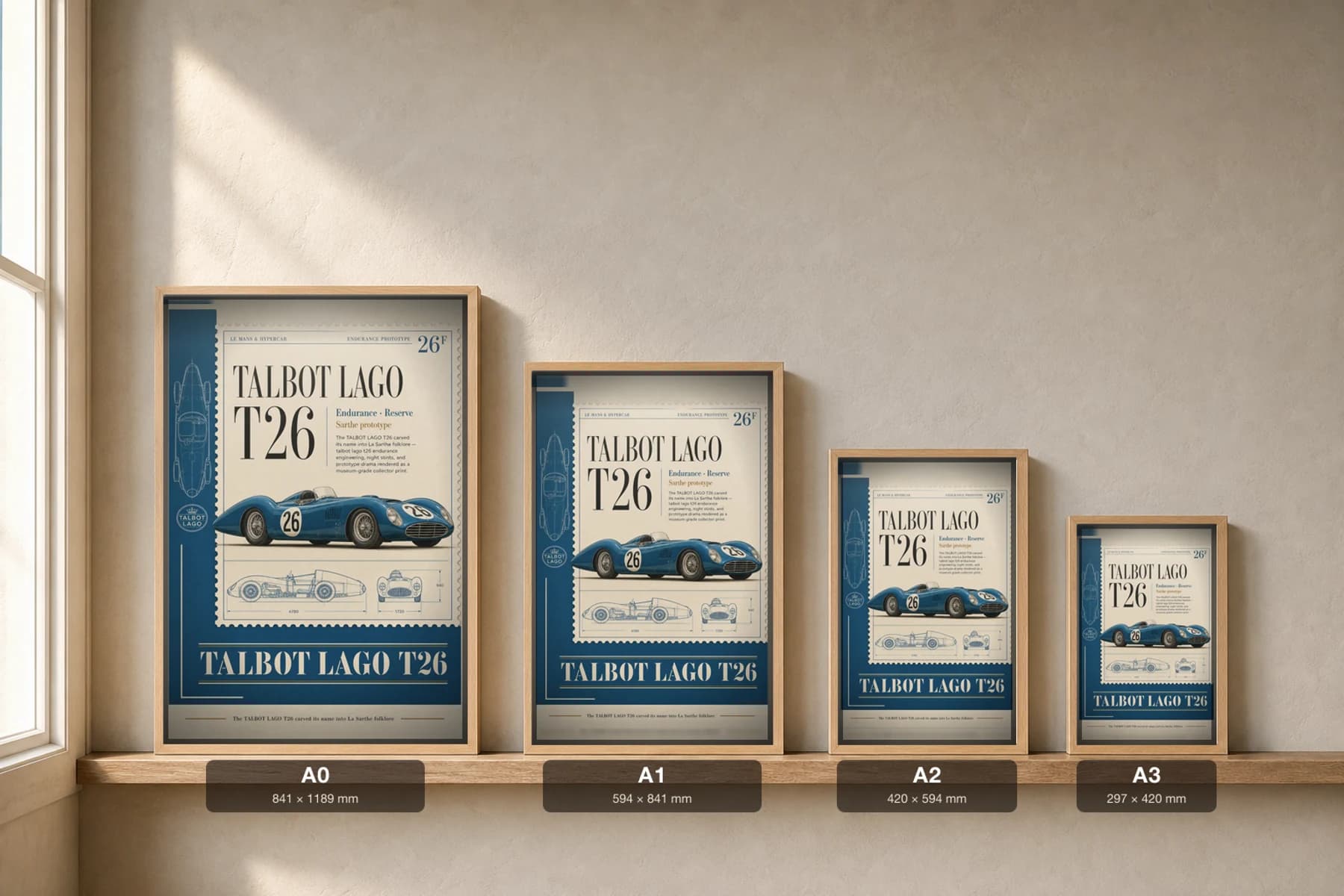 Talbot-Lago T26 Poster — 1950 24 Hours of Le Mans Endurance Racing Wall Art · framed A2 — print size guide showing the artwork at A0, A1, A2 and A3 in natural-oak frames at true relative scale