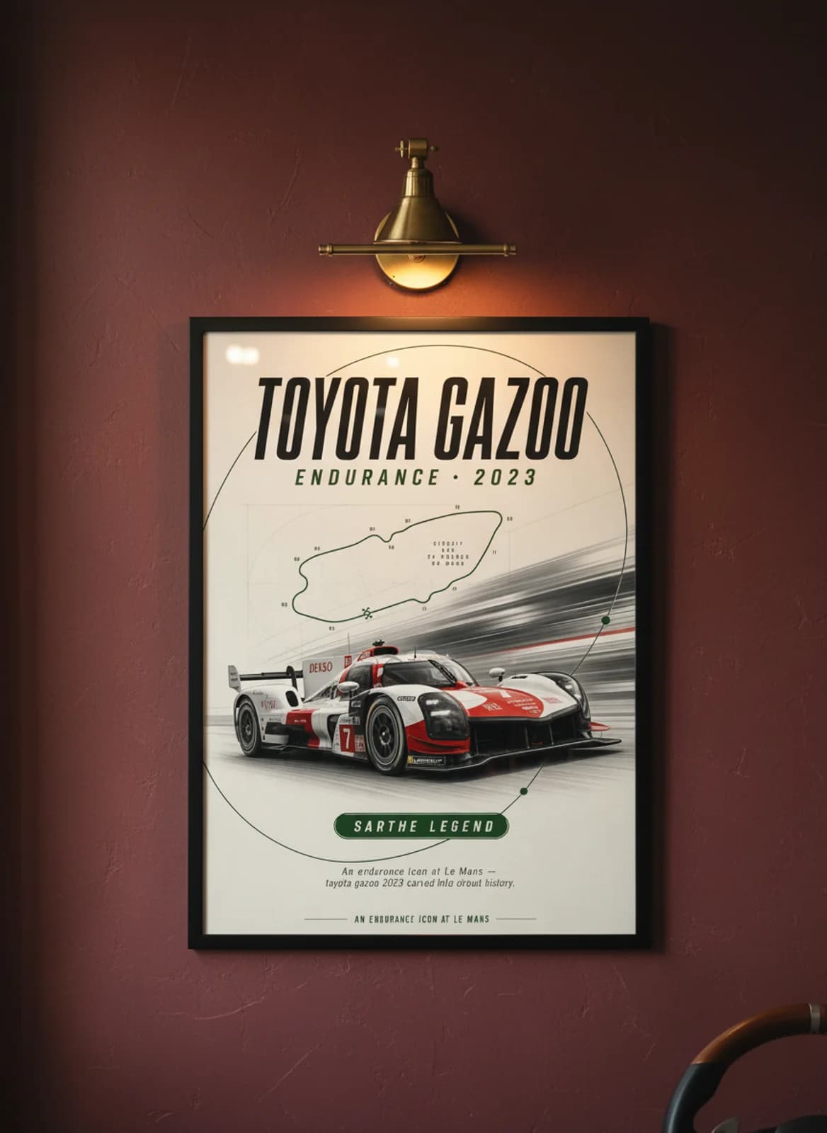 Toyota Gazoo GR010 Le Mans endurance print in black A2 frame on warm-cream-parchment oxblood wall — Le Mans mockup