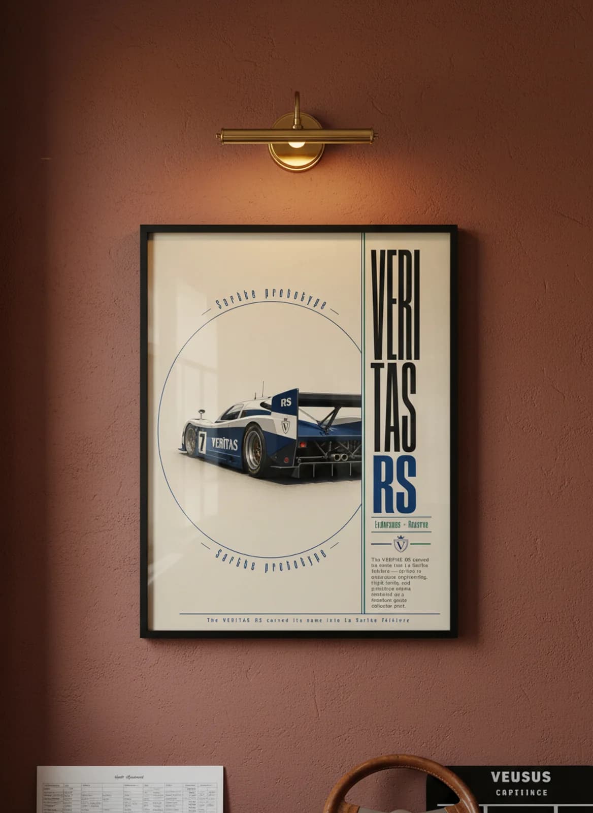 Veritas RS Le Mans endurance print in black A2 frame on warm-cream-parchment oxblood wall — Le Mans mockup