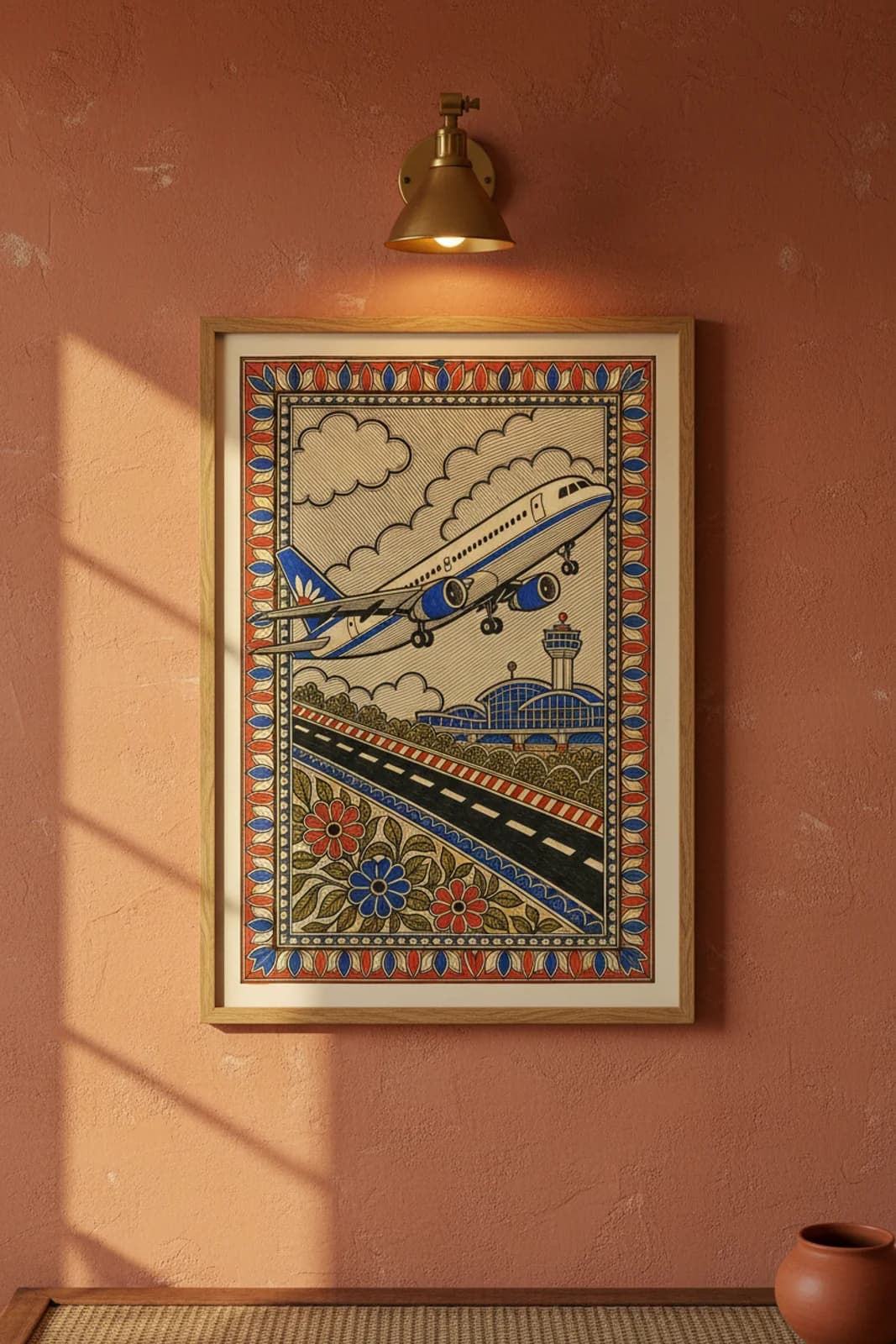 Airport A320 Madhubani print in natural_oak A2 frame on cobalt-blue terracotta limewash wall — Mithila folk art mockup
