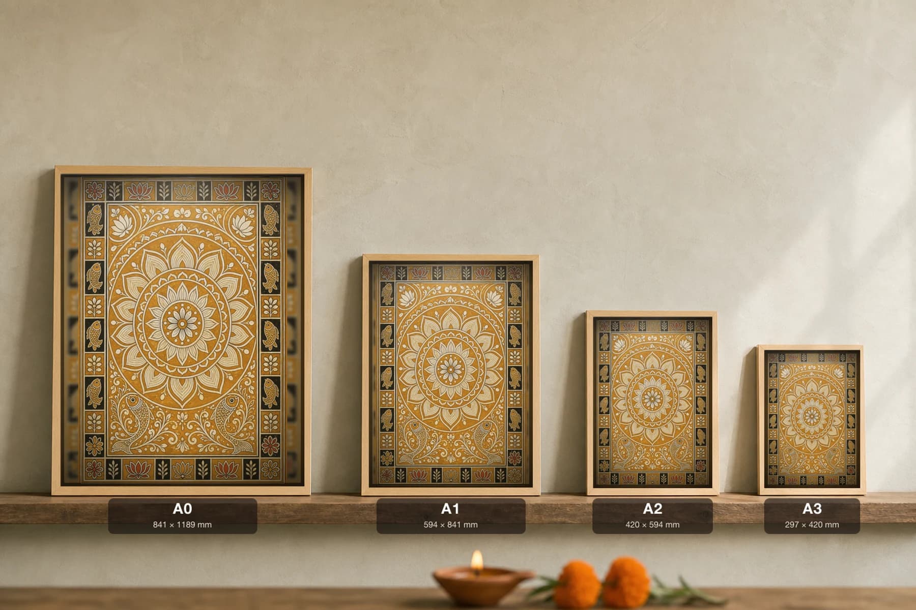 Aripana Floor Lotus Madhubani Poster — classical Mithila folk art wall decor · framed A2 · Madhubani, Mithila, Bihar — print size guide showing the artwork at A0, A1, A2 and A3 in natural-oak frames at true relative scale