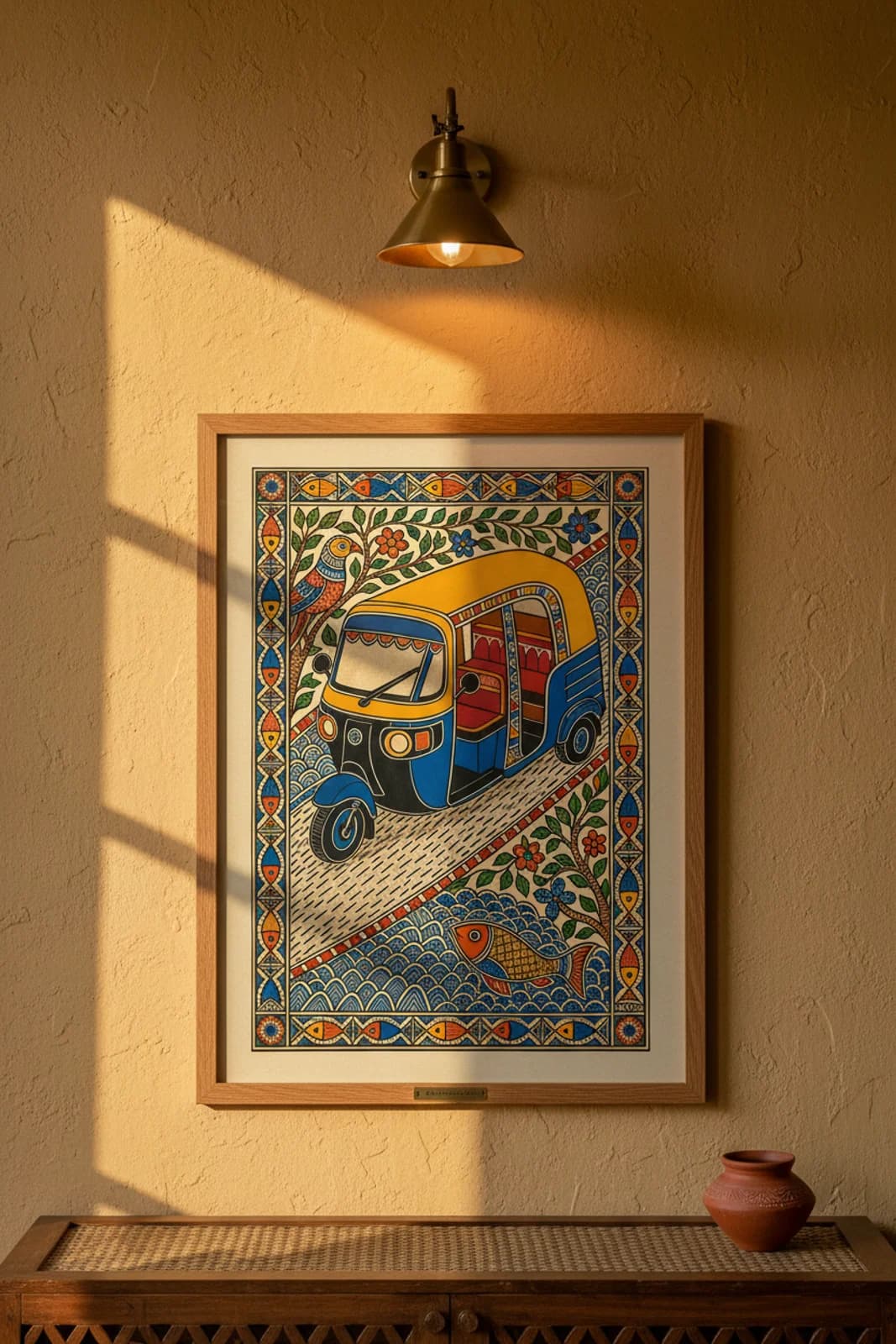 Auto Rickshaw Delhi Madhubani print in natural_oak A2 frame on mustard-yellow terracotta limewash wall — Mithila folk art mockup