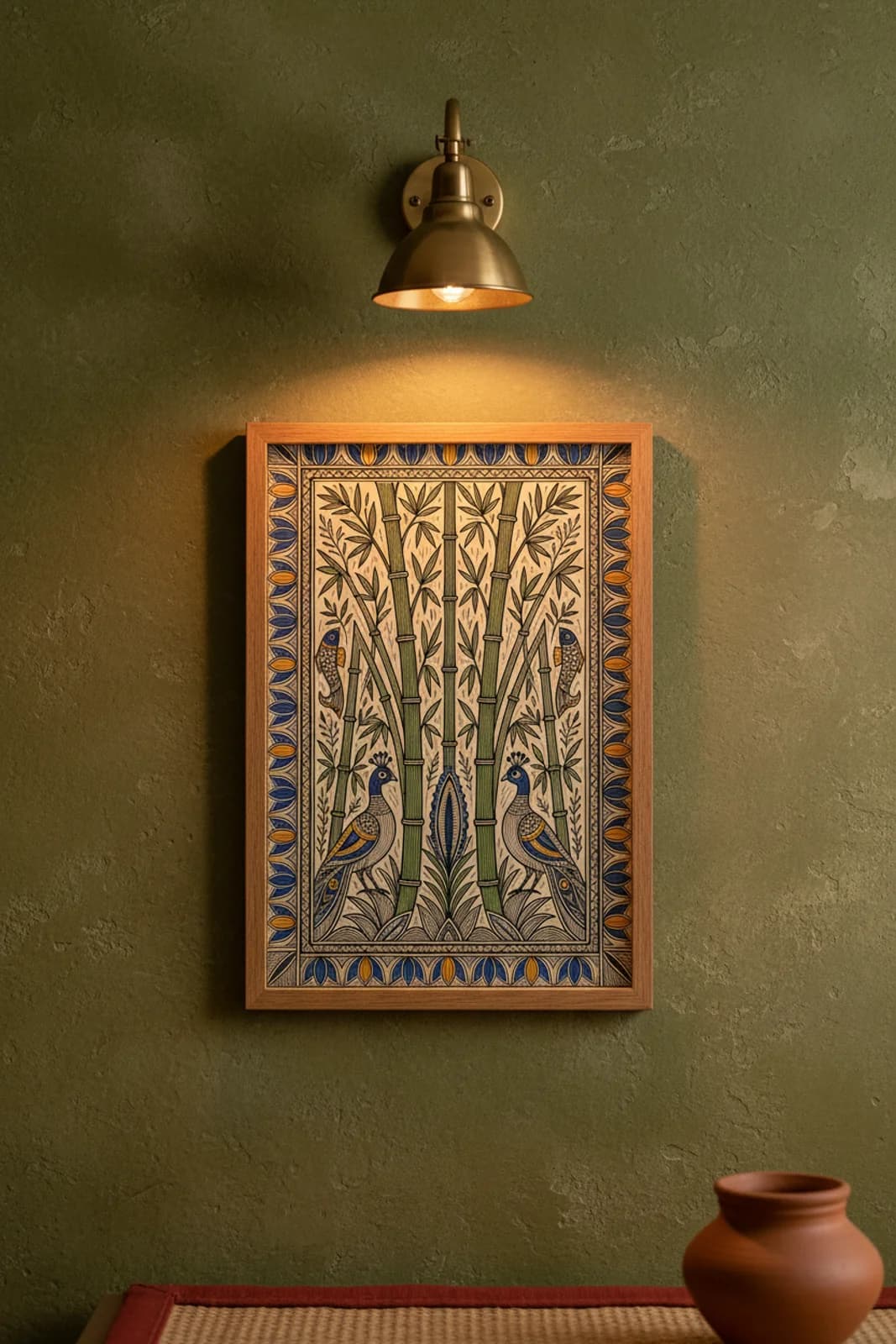 Bamboo Grove Madhubani print in natural_oak A2 frame on forest-green terracotta limewash wall — Mithila folk art mockup