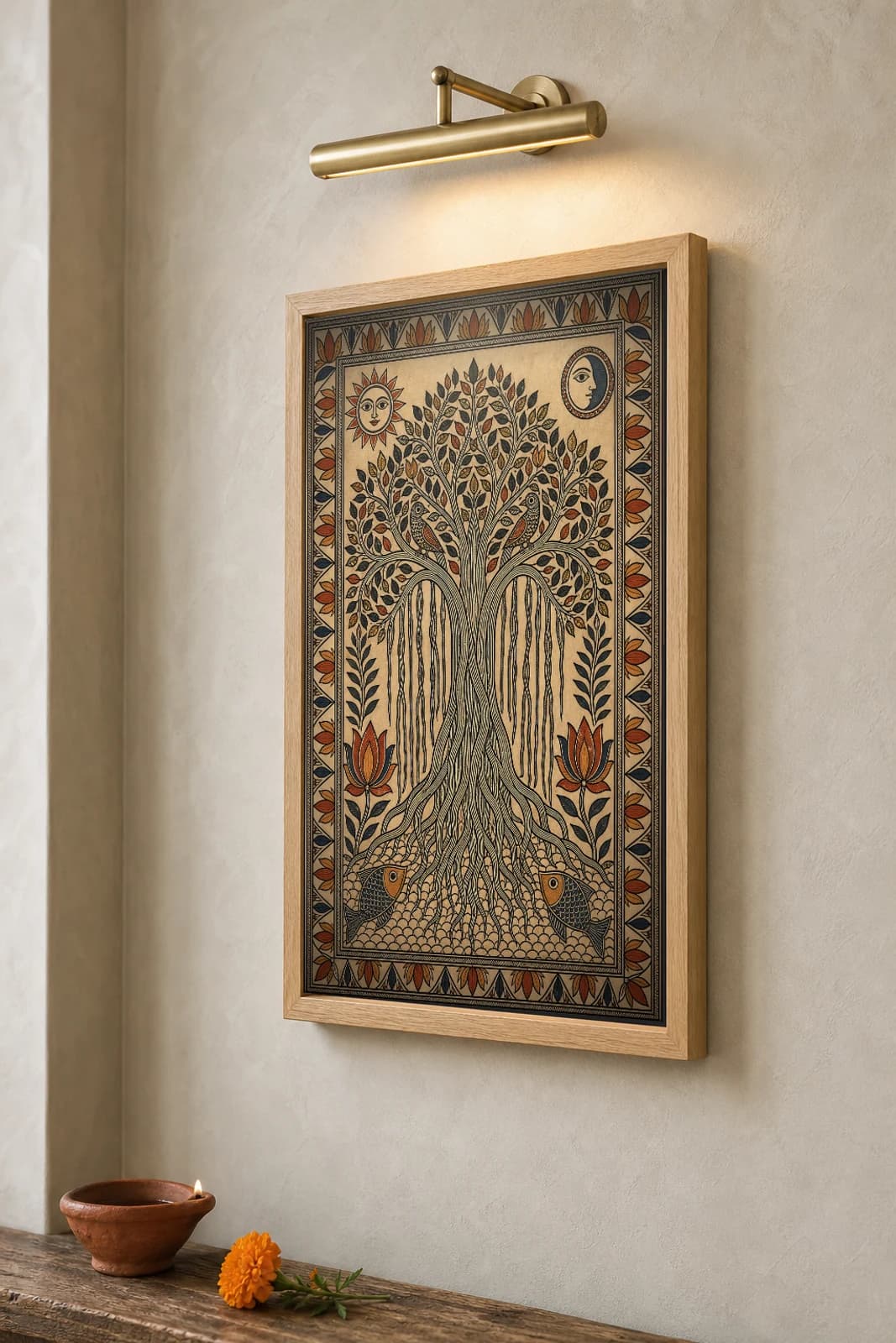 Banyan Roots Madhubani Poster — kachni Mithila folk art wall decor · framed A2 · Darbhanga, Mithila region, Bihar — the framed print shown at a three-quarter angle on a styled gallery wall in a natural-oak frame