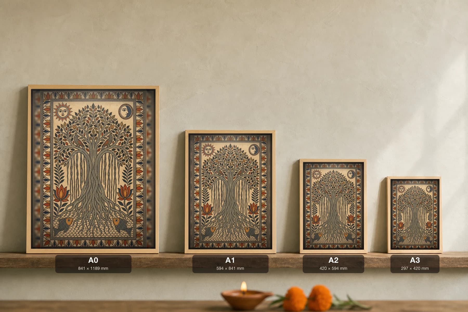 Banyan Roots Madhubani Poster — kachni Mithila folk art wall decor · framed A2 · Darbhanga, Mithila region, Bihar — print size guide showing the artwork at A0, A1, A2 and A3 in natural-oak frames at true relative scale