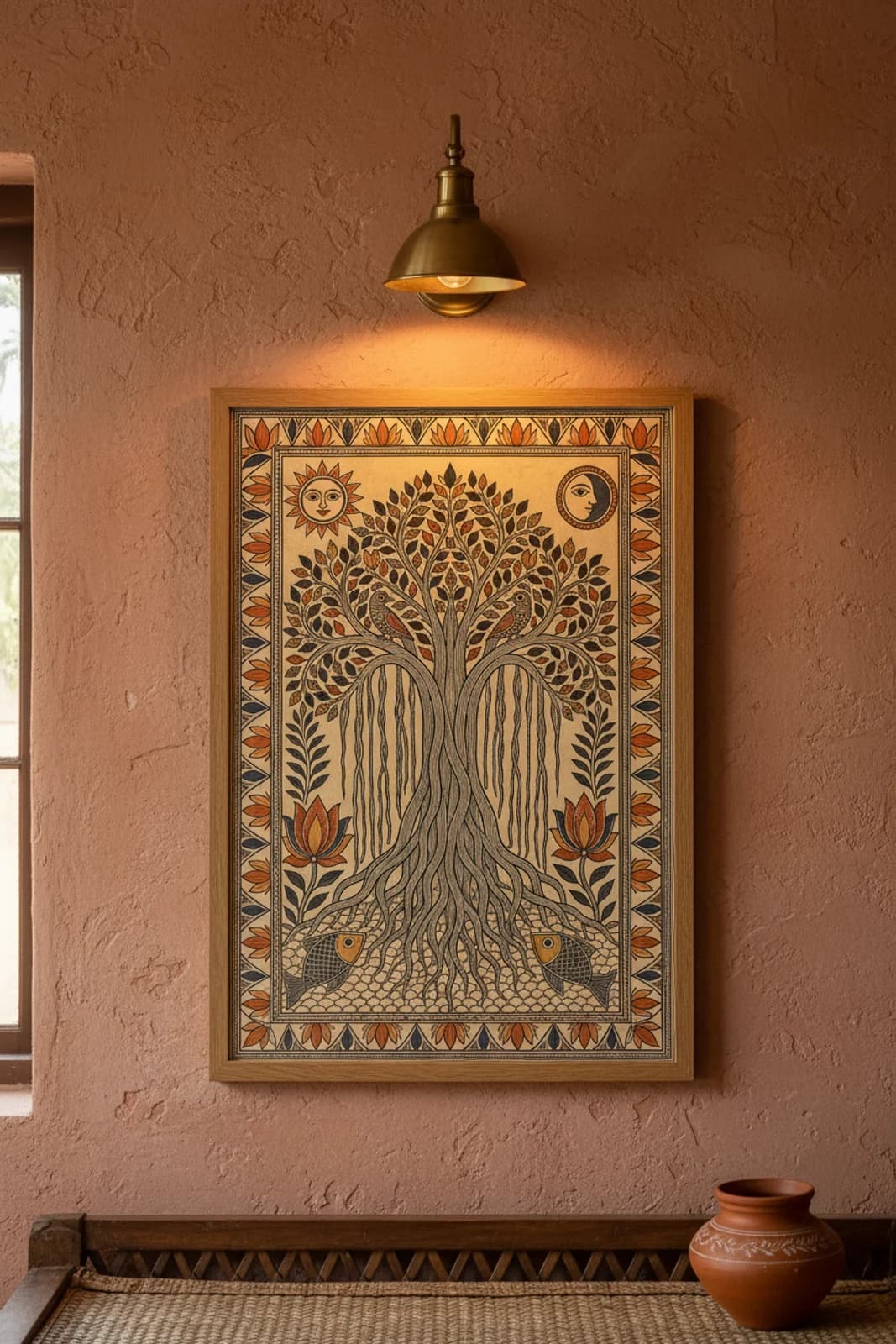 Banyan Roots Madhubani print in natural_oak A2 frame on terracotta-vermillion terracotta limewash wall — Mithila folk art mockup