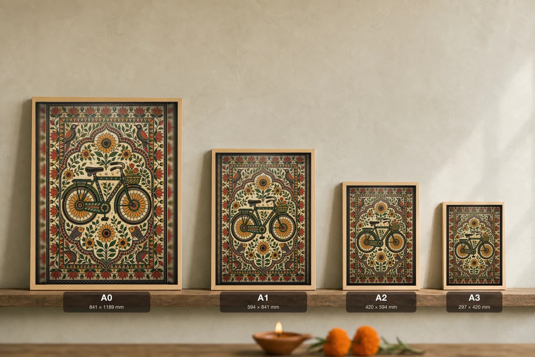 Village Bicycle Madhubani Poster — bharni Mithila folk art wall decor · framed A2 · Madhubani, Mithila, Bihar — print size guide showing the artwork at A0, A1, A2 and A3 in natural-oak frames at true relative scale