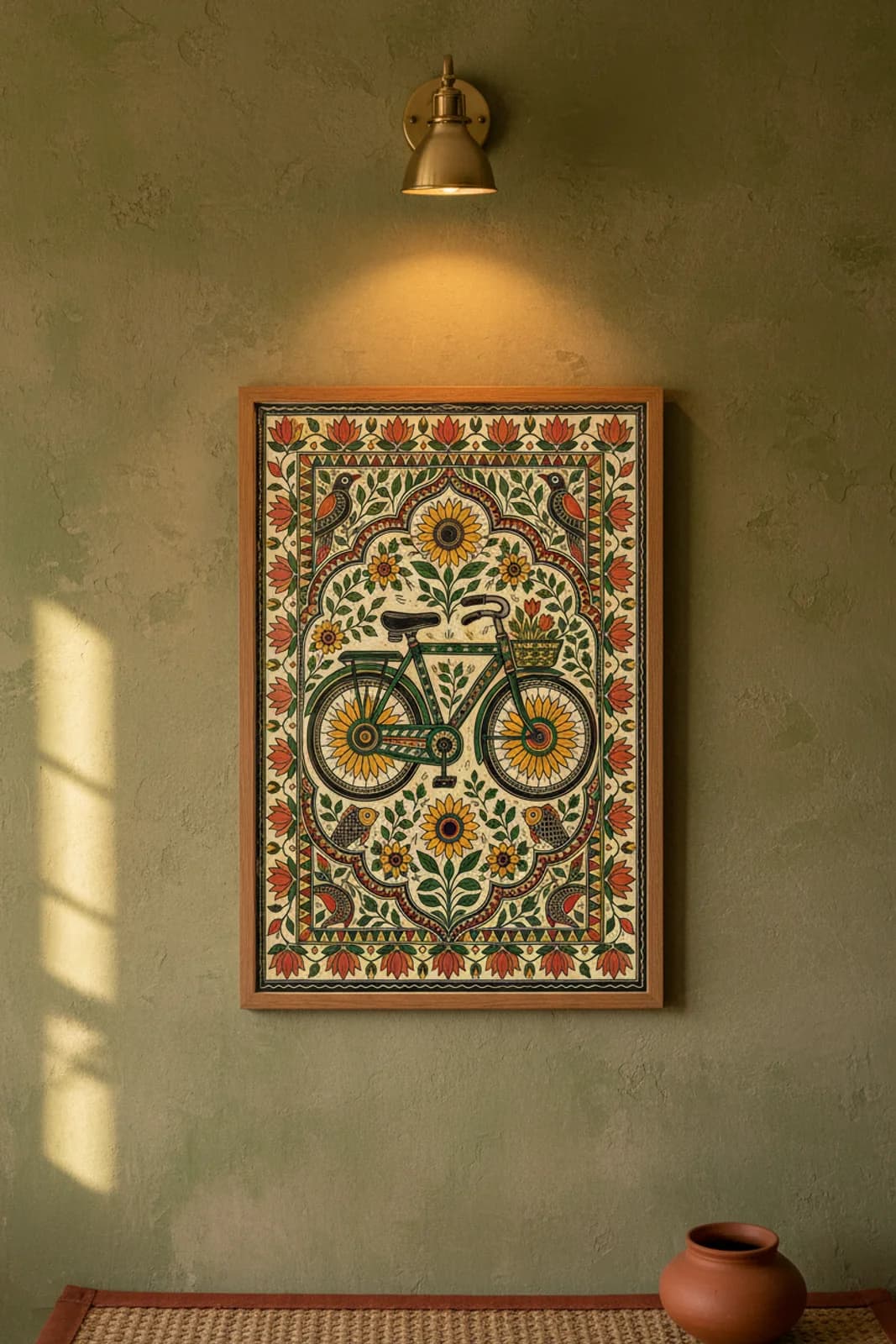 Village Bicycle Madhubani print in natural_oak A2 frame on forest-green terracotta limewash wall — Mithila folk art mockup