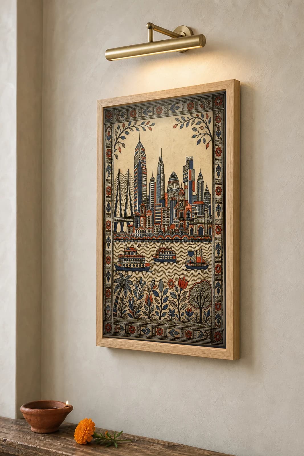 City Skyline Madhubani Poster — kachni Mithila folk art wall decor · framed A2 · Mumbai, Maharashtra — Mithila folk grammar applied to coastal megacity skyline — the framed print shown at a three-quarter angle on a styled gallery wall in a natural-oak frame