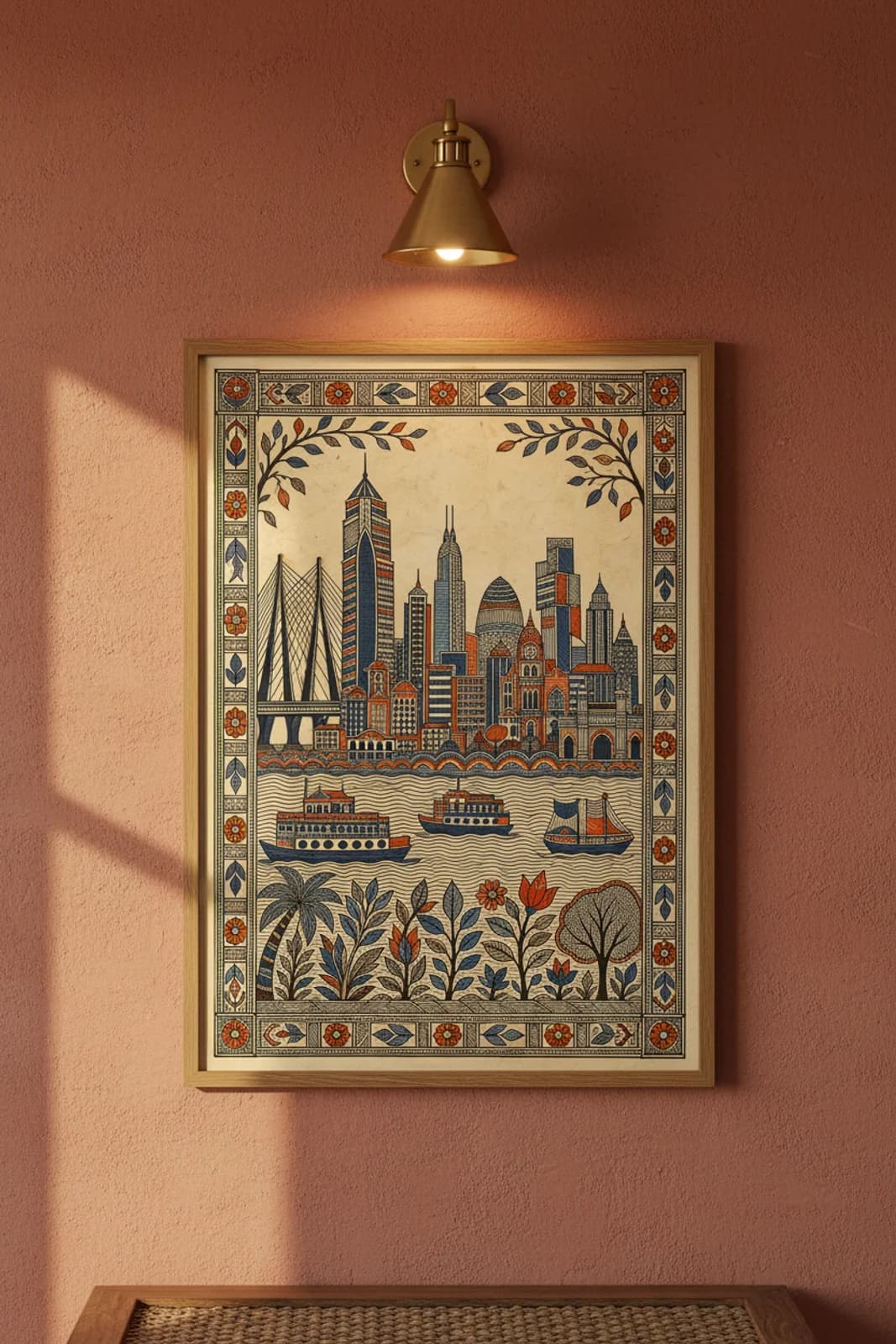 City Skyline Madhubani print in natural_oak A2 frame on steel-grey terracotta limewash wall — Mithila folk art mockup